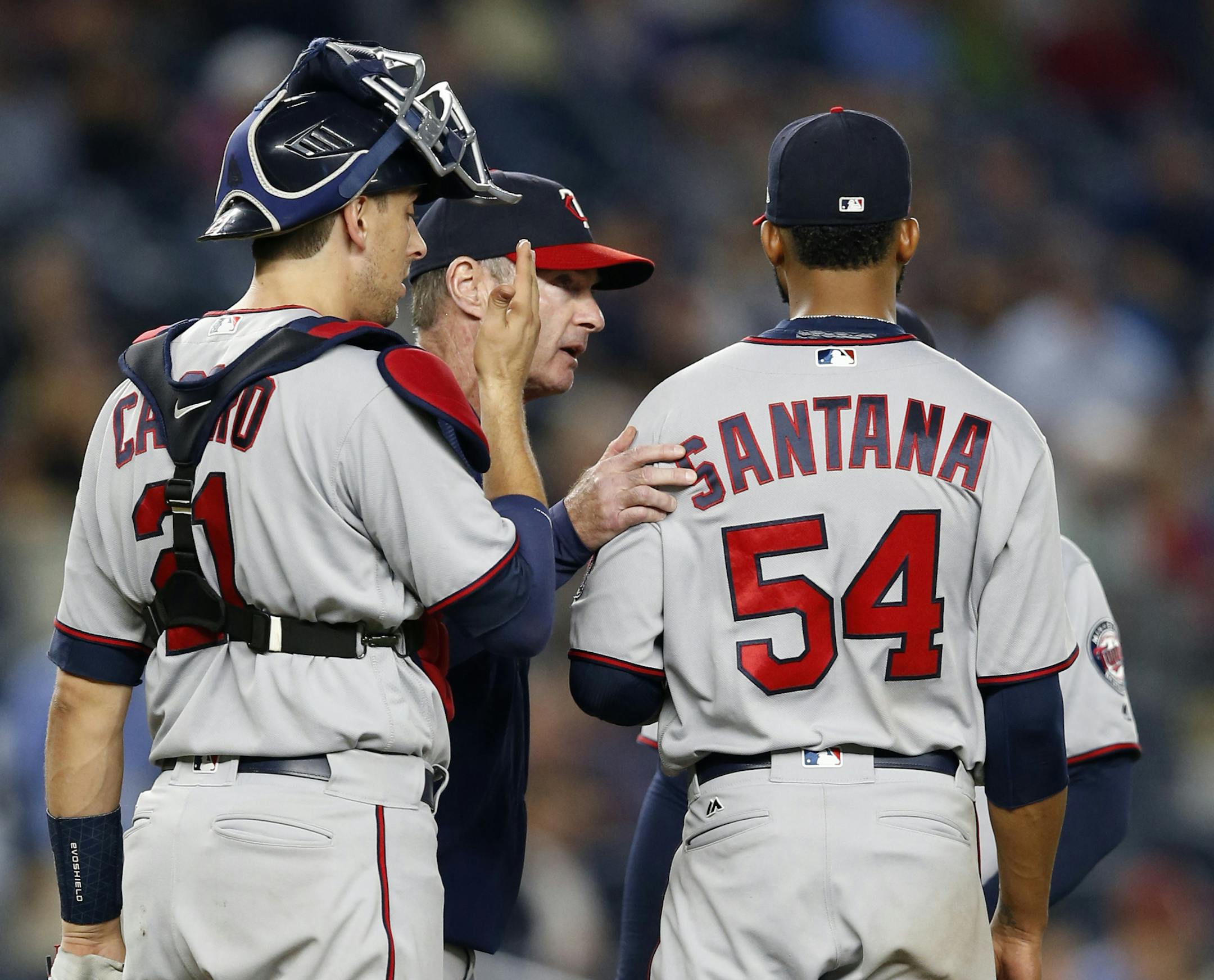 Twins catcher Jason Castro and manager Paul Molitor check on Twins starter Ervin Santana before removing Santana in the sixth inning against the New York Yankees on Monday.