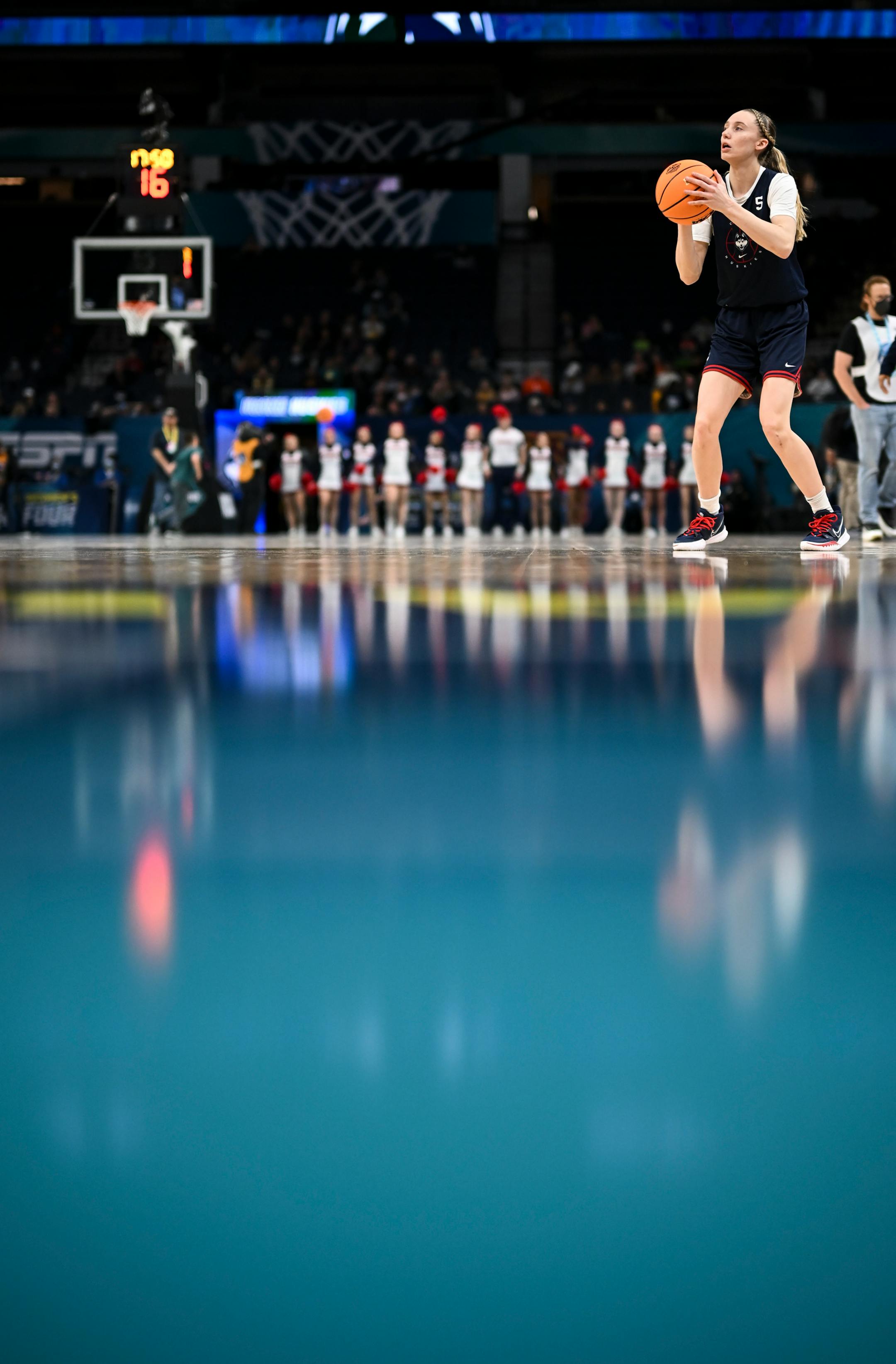 UConn guard Paige Bueckers (5) attempts a shot during a Final Four open practice held Saturday, April 2, 2022 at Target Center in Minneapolis, Minn.