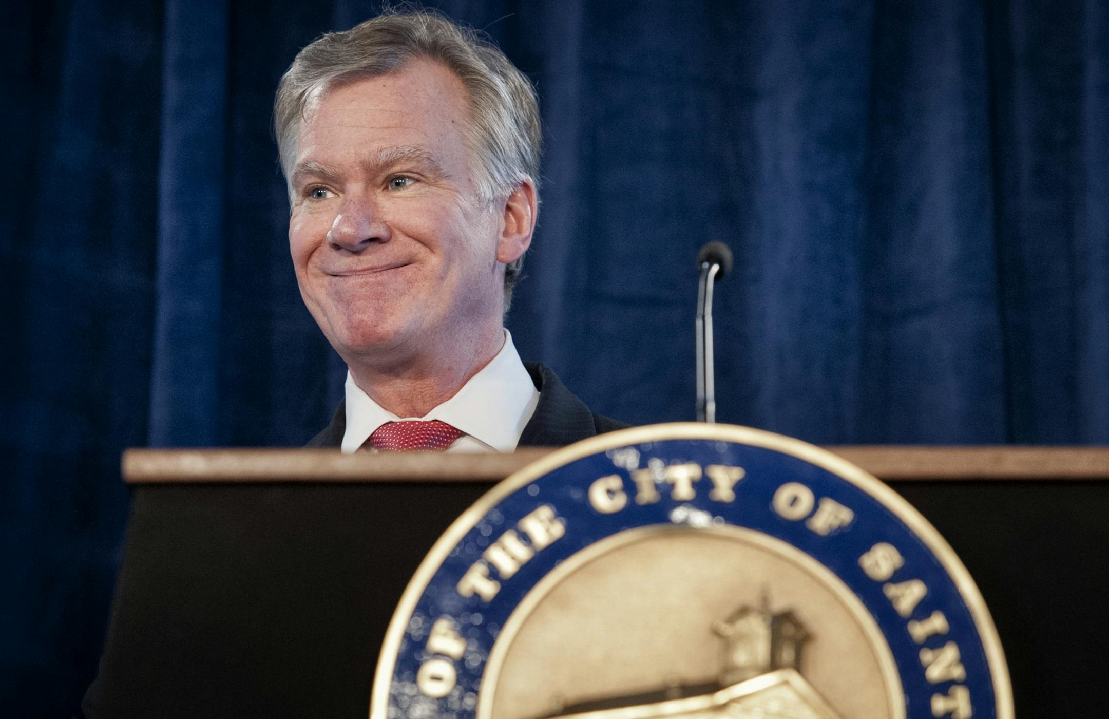 St. Paul Mayor Chris Coleman smiled after completing his state of the city speech at the Crown Plaza Hotel Monday.