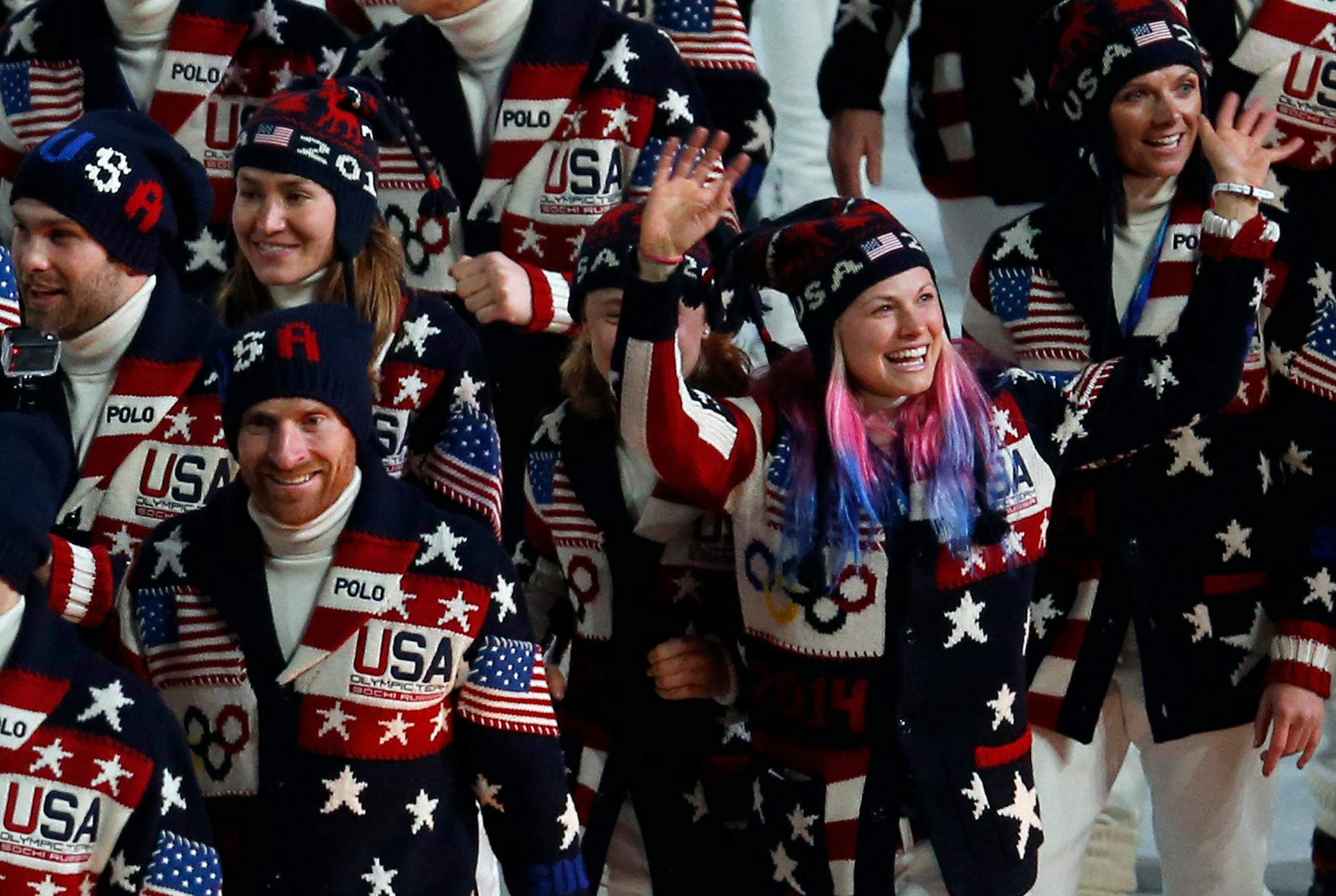 Team USA athletes entered Fisht Olympic Stadium during Opening Ceremonies of the 2014 Sochi Winter Olympics. ] CARLOS GONZALEZ cgonzalez@startribune.com - February 7, 2013, Adler, Russia, Sochi 2014 Winter Olympics, Opening Ceremonies, Fisht Olympic Stadium (50% sure that is Jessie Diggins (Afton, Minn.) on right)