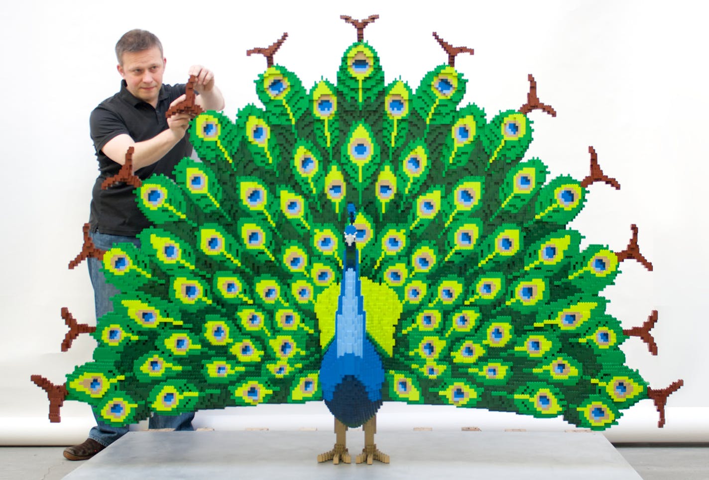 An exhibit with 13 displays of large, nature-inspired sculptures made from Legos opens Friday at the Minnesota Landscape Arboretum. The sculptures &#xf1; some more than six feet tall &#xf1; are the creation of artist Sean Kenney of Brooklyn, N.Y.