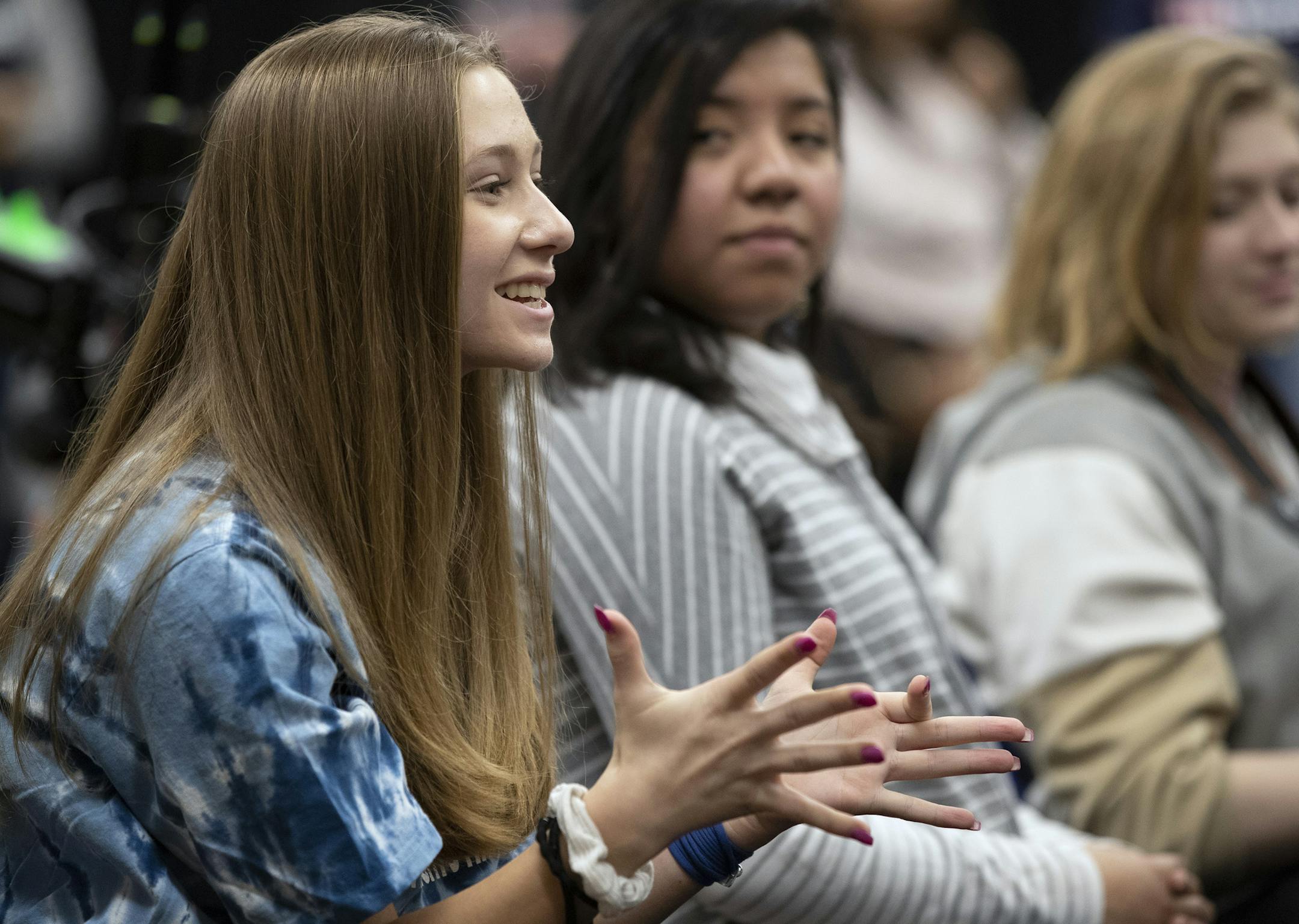 Sophie Kuether 15, asked a question about song writing to Old Dominion band memberas at Columbia Heights High School .] Jerry Holt • Jerry.Holt@startribune.com The Country Music Association (CMA) came to Columbia Heights High School to work with students on a songwriters series. It's one of four high schools in the country selected to partner with CMA. Old Dominion and Josh Osborne were also at Columbia Heights High School Wednesday November 20, 2019 in Columbia Heights, MN.