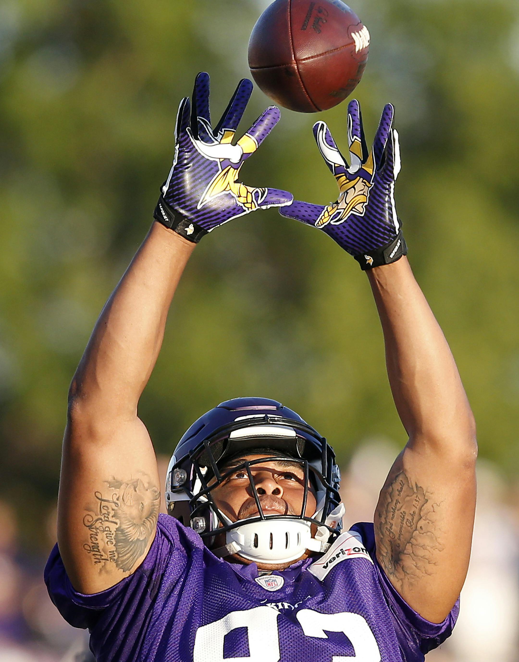 Minnesota Vikings MyCole Pruitt (83). ] CARLOS GONZALEZ cgonzalez@startribune.com - August 1, 2015, Mankato, MN, NFL, Minnesota Vikings Training Camp, Minnesota State University, Mankato,