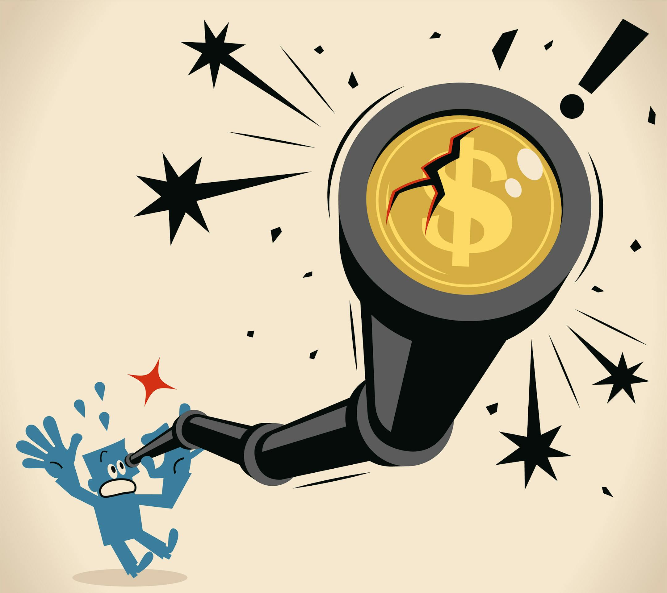 Blue Little Guy Characters Full Length Vector Art Illustration.Copy Space.
Businessman looking through a hand-held telescope with dollar sign and crack, currency crisis (stock market crash) concept.