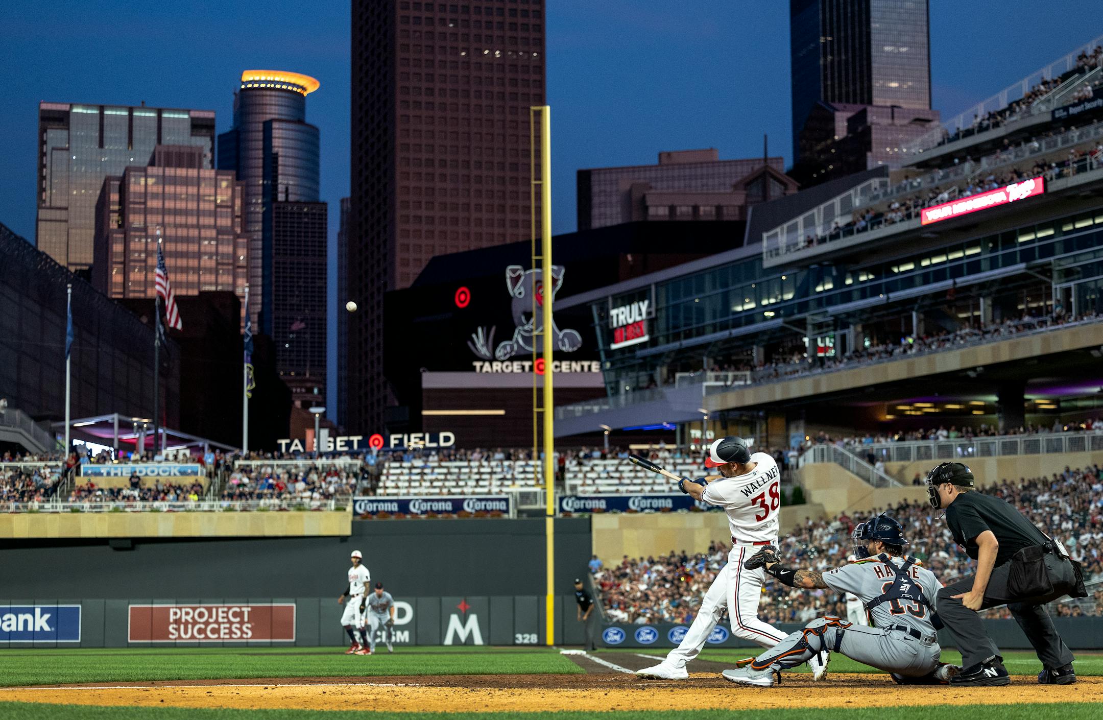 Matt Wallner (38) of the Minnesota Twins hits a grand slam homerun in the sixth inning Tuesday, August 15, 2023, Target Field in Minneapolis, Minn. ] CARLOS GONZALEZ • carlos.gonzalez@startribune.com