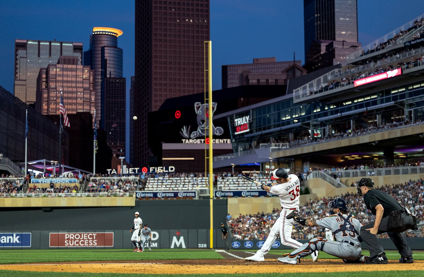 Matt Wallner (38) of the Minnesota Twins hits a grand slam homerun in the sixth inning Tuesday, August 15, 2023, Target Field in Minneapolis, Minn. ] CARLOS GONZALEZ • carlos.gonzalez@startribune.com