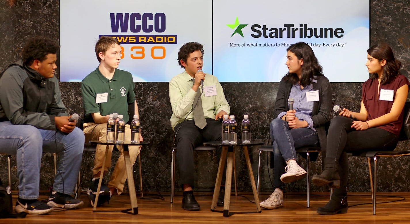 Adrian Ali-Caccamo spoke at a Star Tribune roundtable on school safety and gun laws on March 21. Other students participating included, from left, Damon Brown (North High), Walter Treat (Holy Family Catholic High), Carianna Spencer (Orono High) and Eva Hadjiyanis (Edina High),