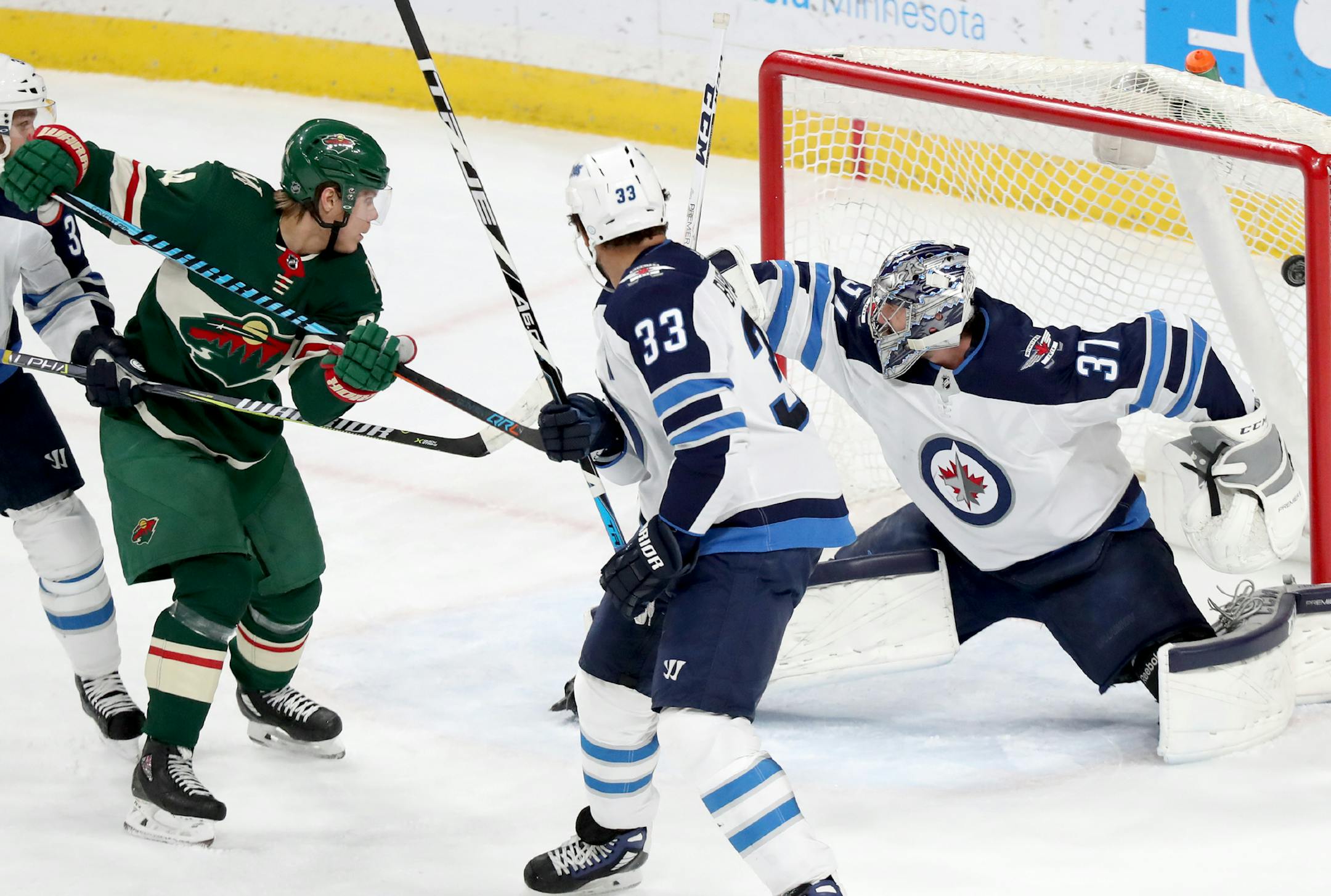 The Minnesota Wild's Mikael Granlund (64) scores on Winnipeg Jets goalie Connor Hellebuyck (37) during the first period Saturday, Jan. 13, 2018, at the Xcel Energy Center in St. Paul, MN. ] DAVID JOLES ï david.joles@startribune.com Vancouver Canucks versus the Minnesota Wild
Charlie Coyle