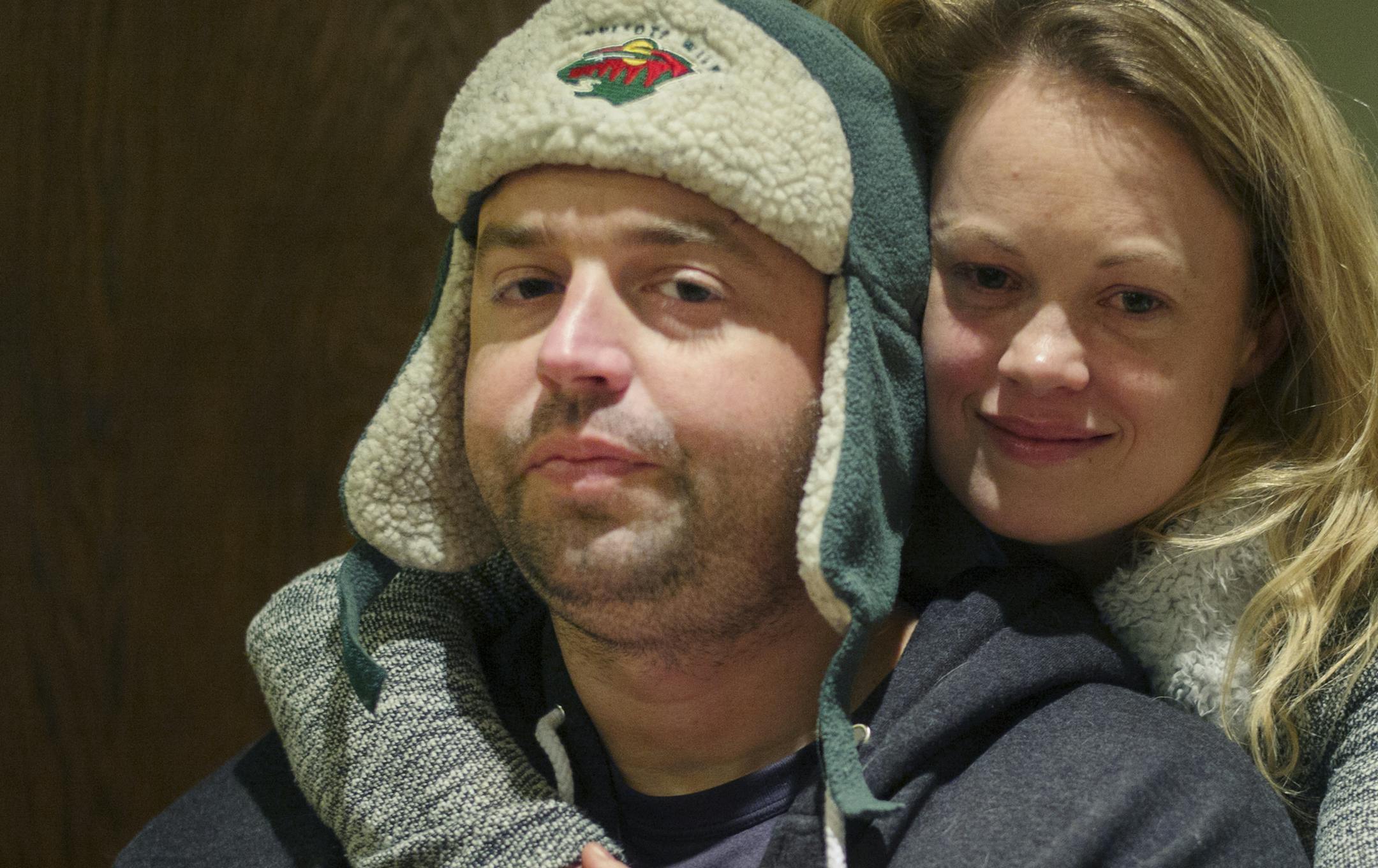 At his home in Wayzata, Ryan Neslund, hugged by friend Kate Karlverg, lived to tell about surviving his truck plunging through the ice. He swam to the surface only to cling to dear life on the ice for forty minutes before being rescued on Lake Minnetonka. "I am thankful he is ok," said Karlverg.] Richard Tsong-Taatarii/rtsong-taatarii@startribune.com