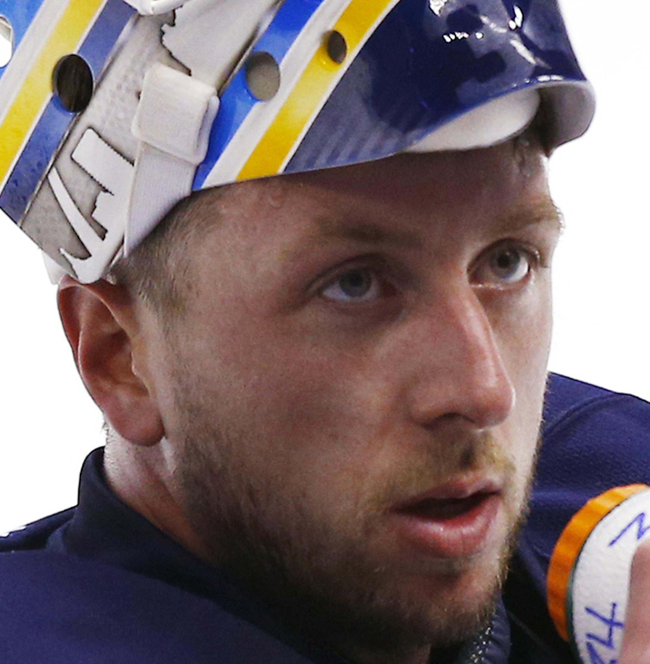 St. Louis Blues goalie Jake Allen gets a quick drink while there is a break in play during the third period of an NHL hockey game against the Carolina Hurricanes, Thursday, Jan. 5, 2017, in St. Louis. The Hurricanes won 4-2. (AP Photo/Billy Hurst) ORG XMIT: MOBH