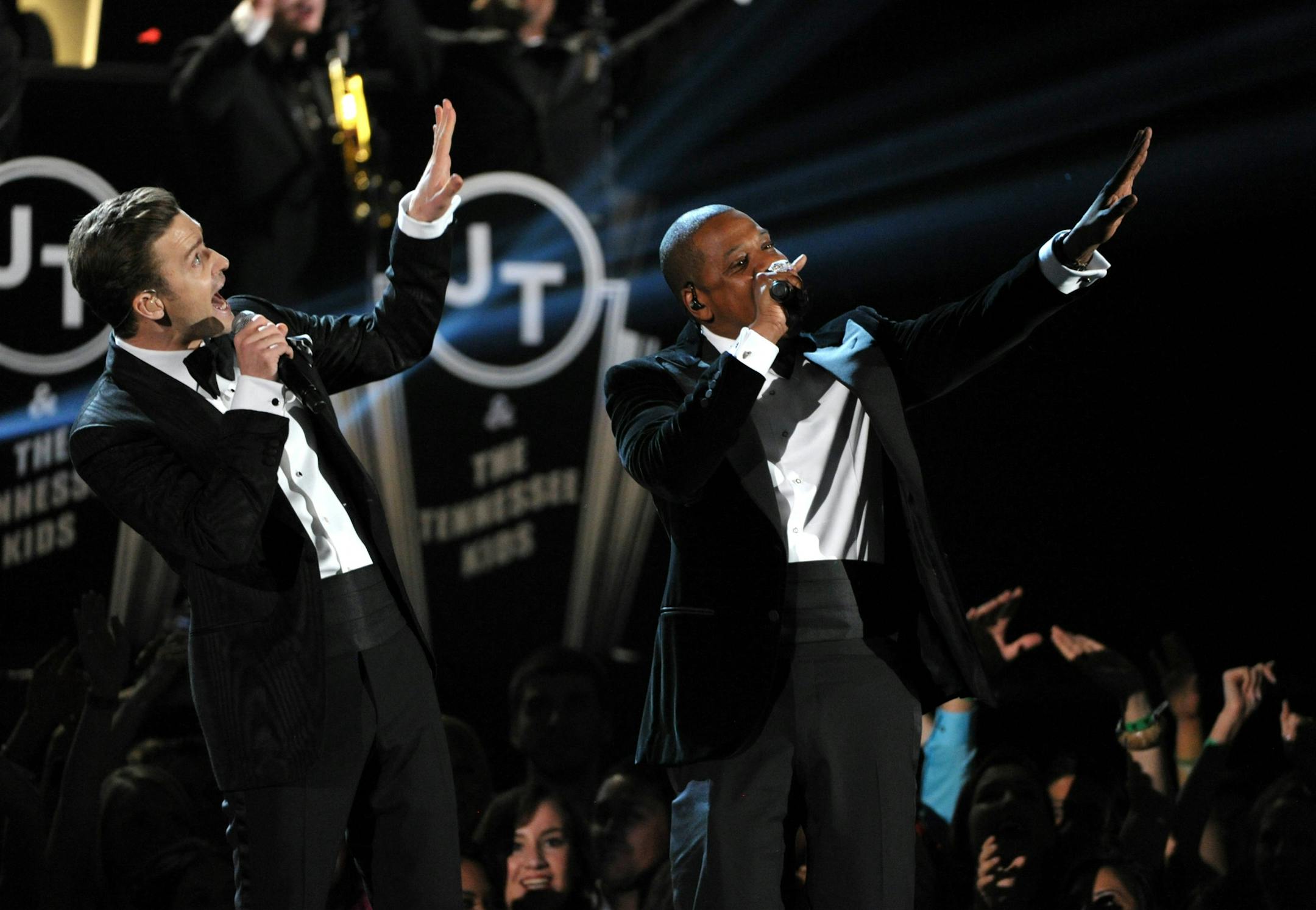 Justin Timberlake, left, and Jay-Z perform on stage at the 55th annual Grammy Awards on Sunday, Feb. 10, 2013, in Los Angeles.