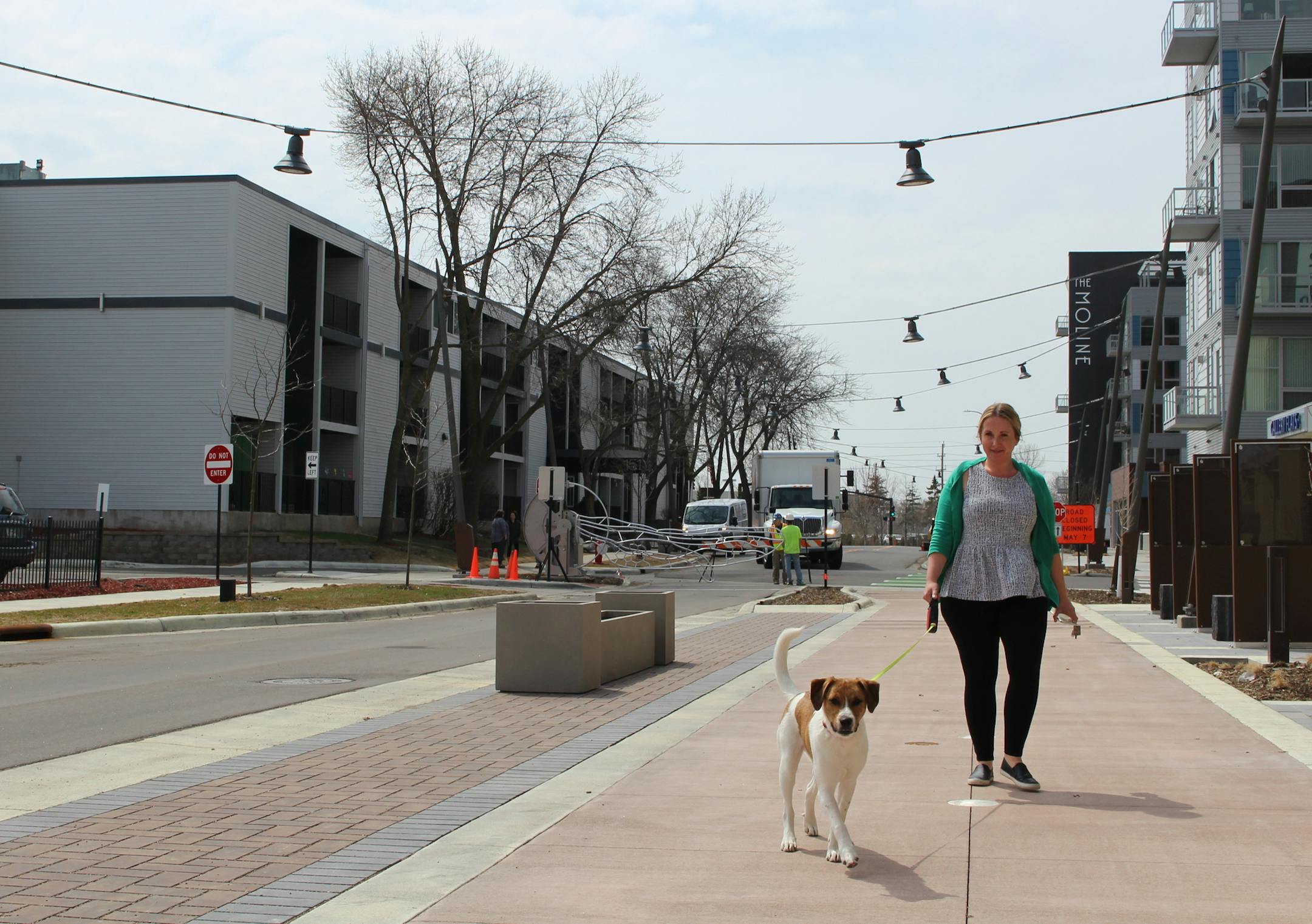 Trisha Downing walks her dog on the newly reconstructed 8th Avenue, which is transforming into The Artery.