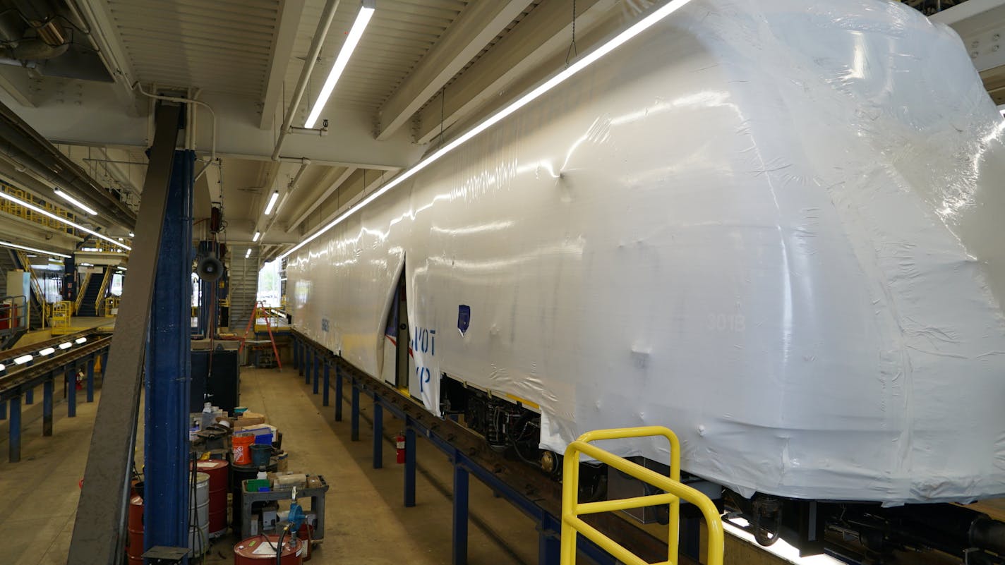 One of the light-rail trains that will operate on the Southwest light-rail line from downtown Minneapolis to Eden Prairie.