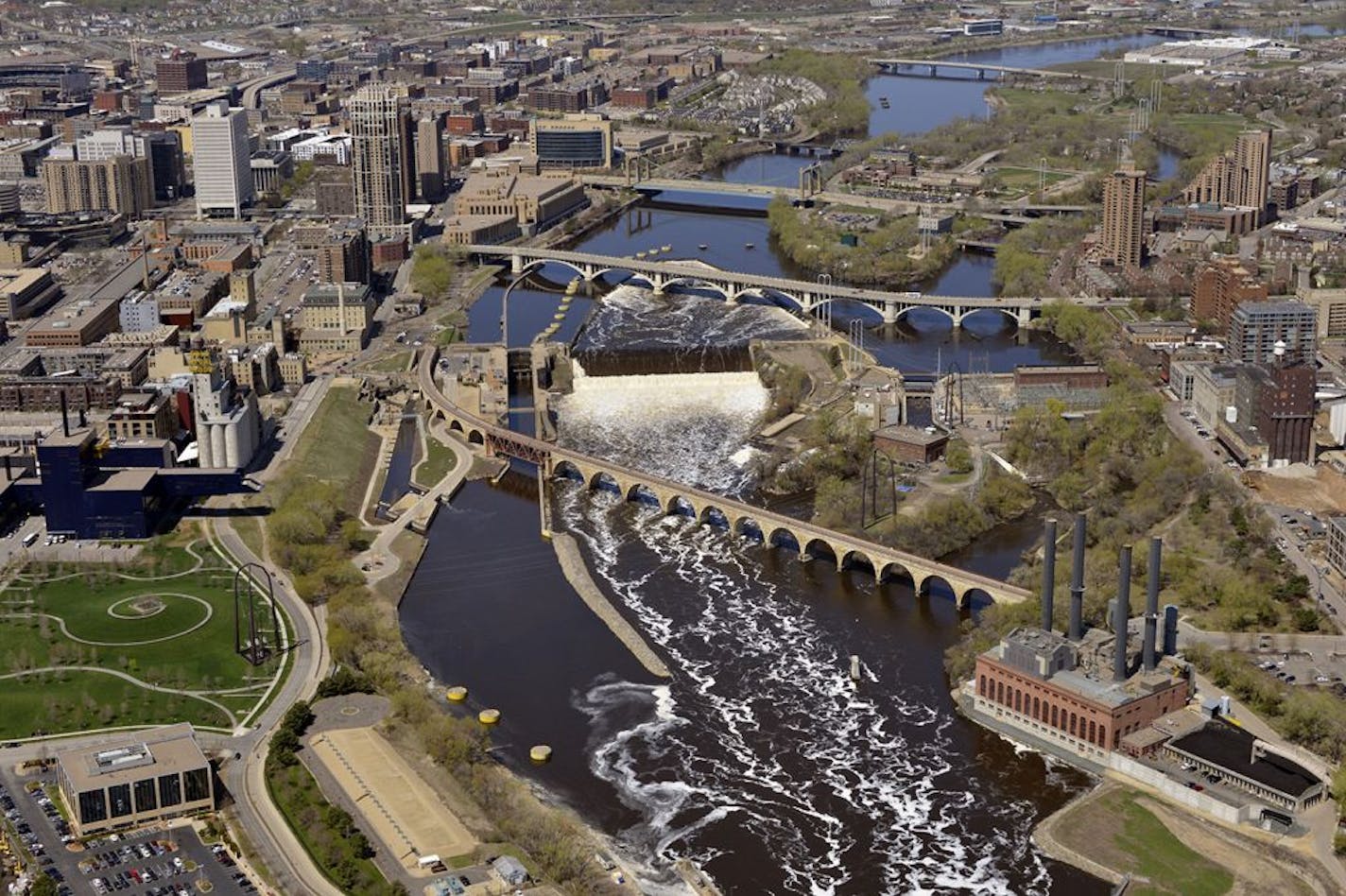 The Minneapolis central riverfront as it appeared in 2013.