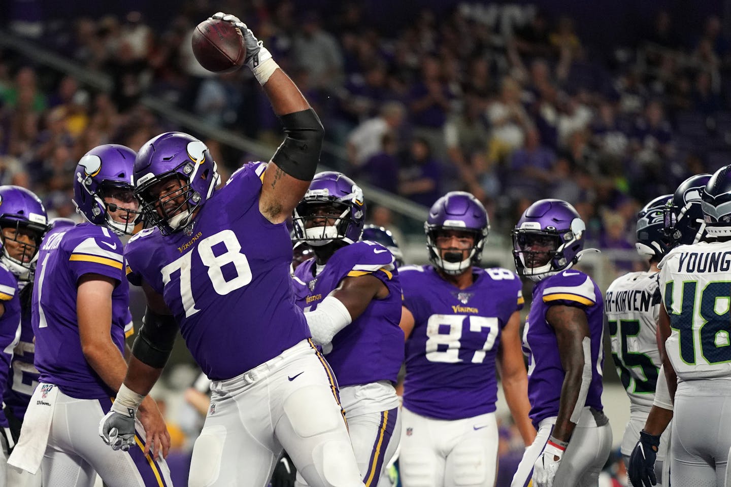 Minnesota Vikings offensive guard Dakota Dozier (78) spiked the ball in the end zone after Vikings running back Khari Blasingame (48) scored a touchdown in the second half. ] ANTHONY SOUFFLE &#x2022; anthony.souffle@startribune.com The Minnesota Vikings played the Seattle Seahawks in an NFL Preseason game Sunday, Aug. 18, 2019 at U.S. Bank Stadium in Minneapolis.