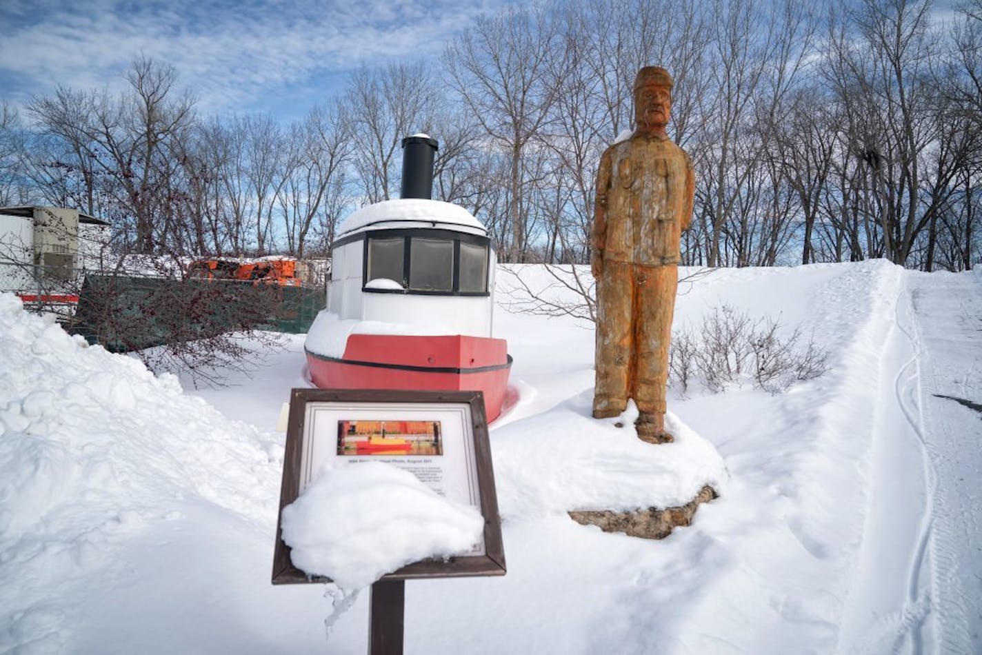 Carver, Minn floodwall. As temperatures got out of single digits, warming to the 20's some puddles started to form, warning that flooding was a possibility this spring. Carver Minnesota is on the banks of the Minnesota River, high water poses a threat.