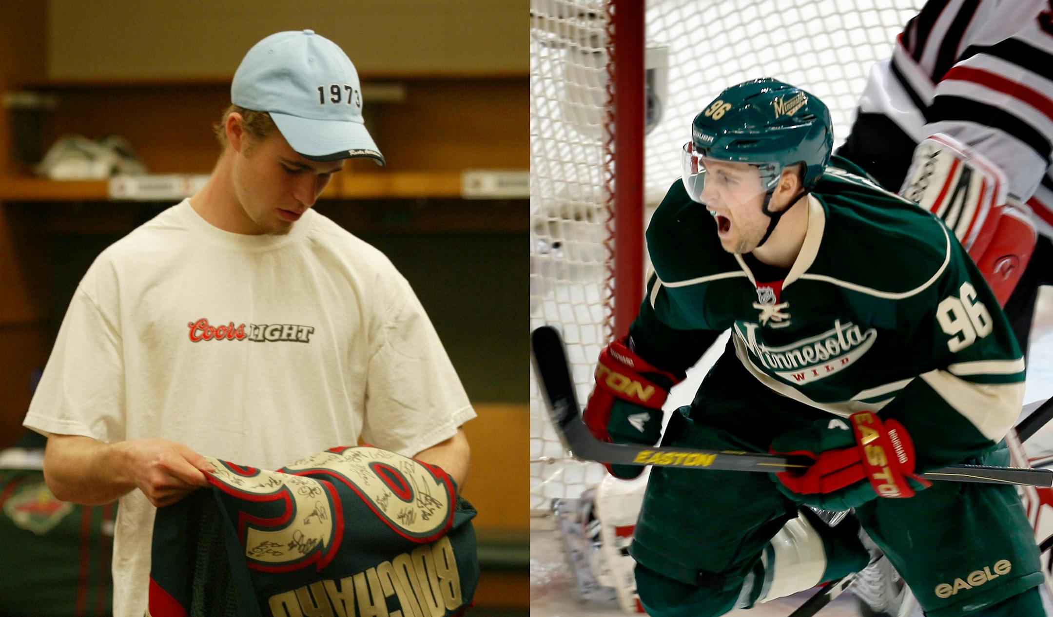 A still-with-hair Pierre-Marc Bouchard looked at his No. 96 jersey in the Wild locker room as a 19-year-old in 2003; in 2013, the hair was gone and the jersey had changed, but Bouchard continued to wear the familiar No. 96.