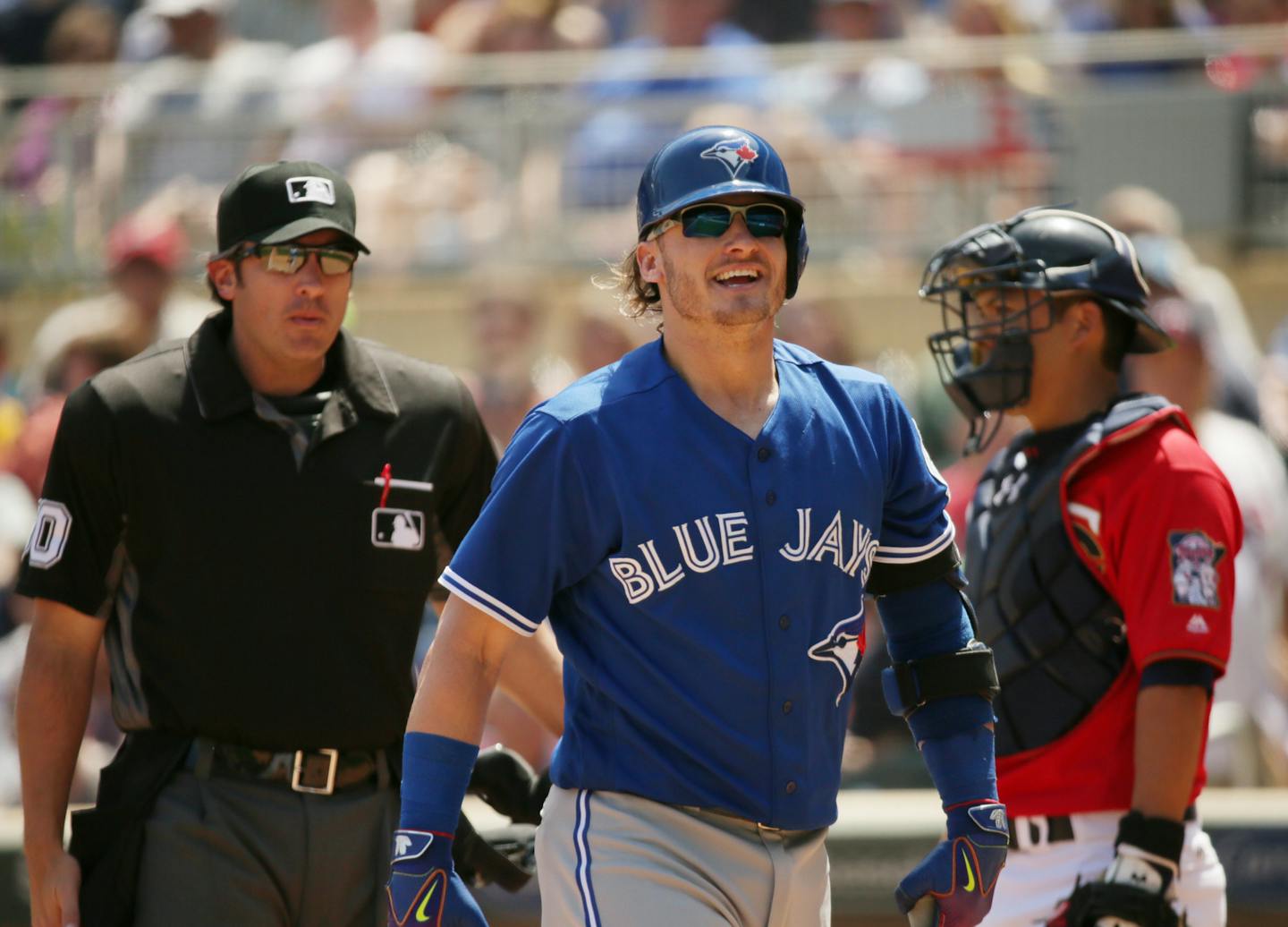 Blue Jays infielder Josh Donaldson walked away from the plate after arguing with officials. ] Mark Vancleave - mark.vancleave@startribune.com * The Toronto Blue Jays played the Minnesota Twins on Sunday, May 22, 2016 at Target Field in Minneapolis.