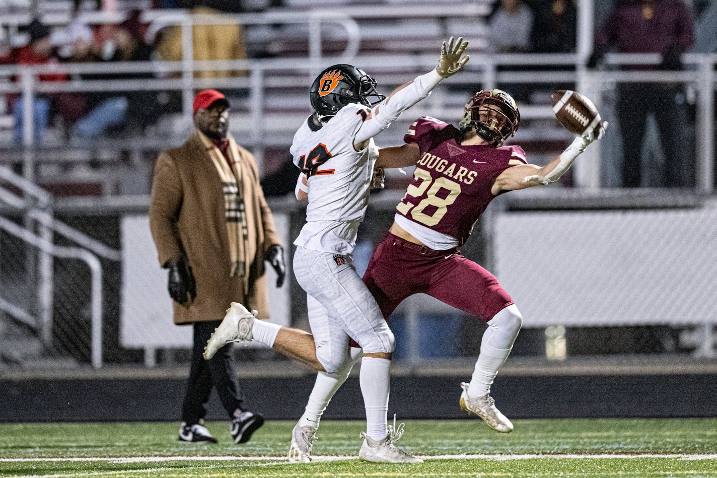 Lakeville South's Carson Hansen (28) hauled in a touchdown pass on third-and-long in the second quarter, his second of three scoring receptions in the first half. South built a 21-0 halftime lead over White Bear Lake. Photo by Dan Beise, SportsEngine