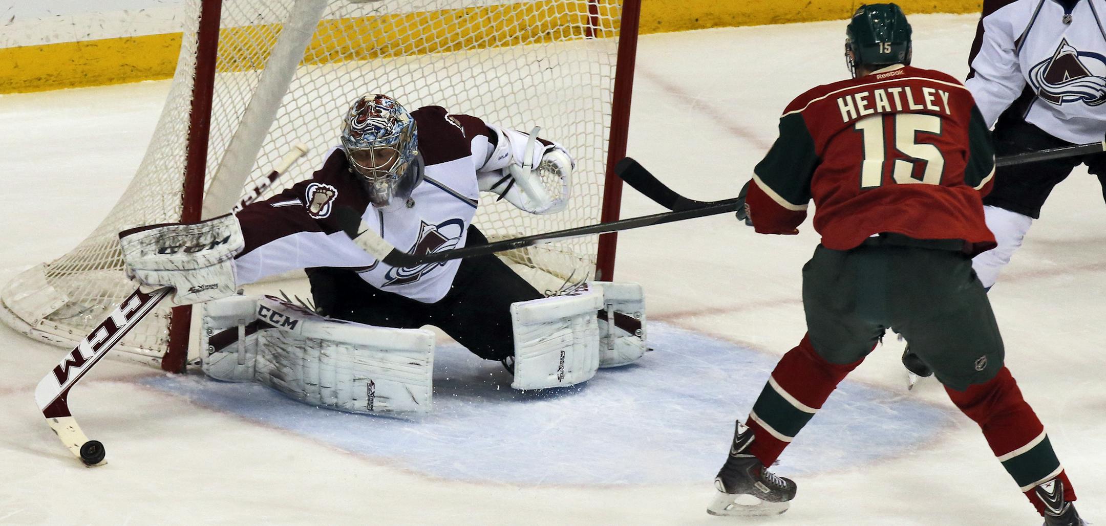 Colorado vs. Minnesota Wild. No score after one period of play. Wild's Dany Heatley was shut down on a first period shot on goal by Colorado goalie Semyon Varlamov. (MARLIN LEVISON/STARTRIBUNE(mlevison@startribune.com)