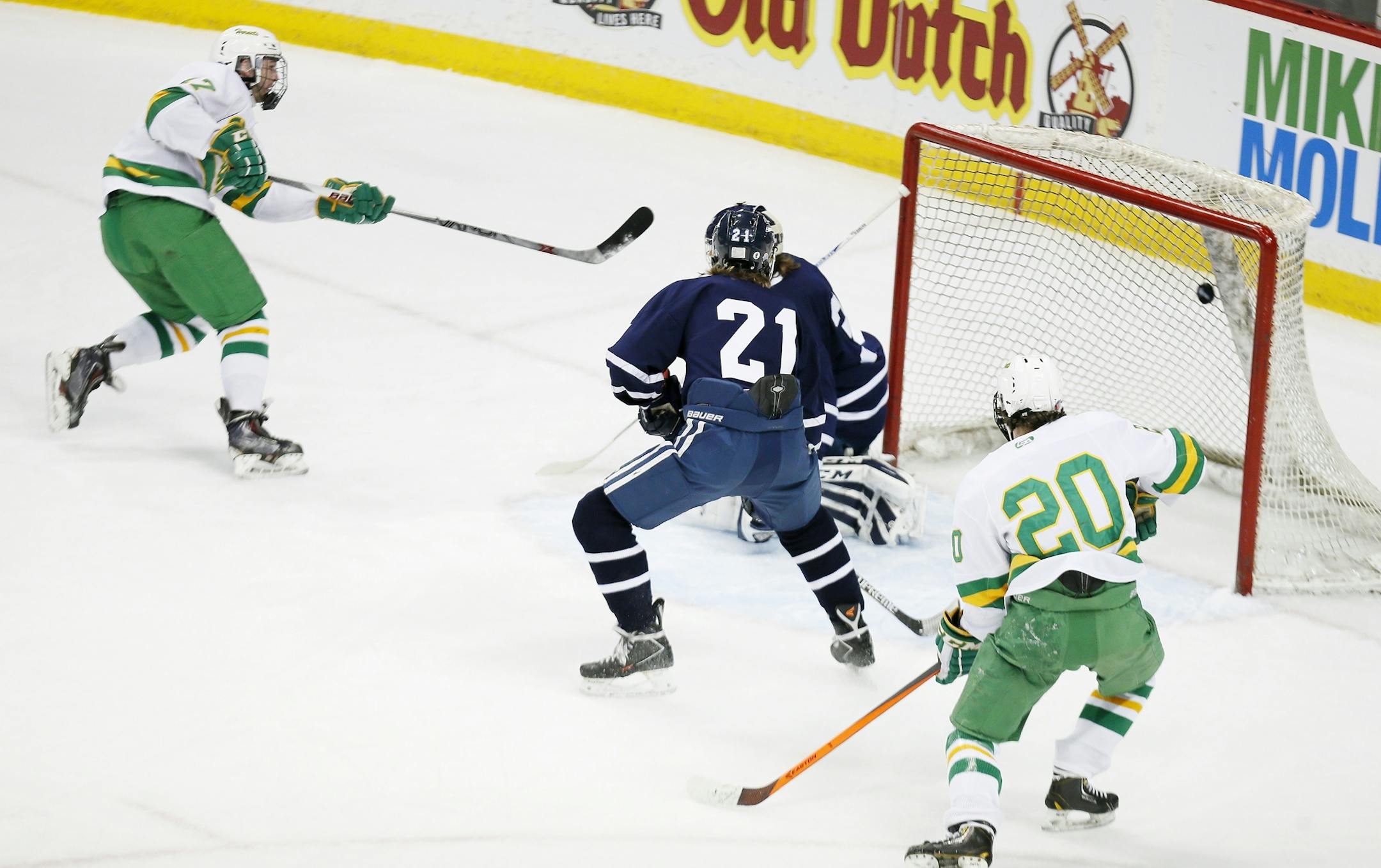 Edina Garrett Wait (left) scored on a shot against Bemidji at the 2015 Class 2A hockey tournament.