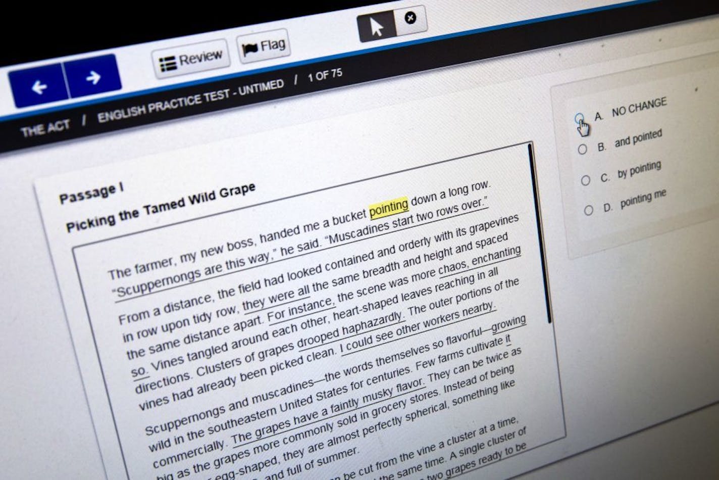 FILE - In this May 6, 2015 file photo, a computer-based practice ACT English test is displayed on a computer monitor in Washington. Nearly two-thirds of this year's high school graduates took the ACT college entrance exam, and their scores suggest that many remain unprepared for the rigors of college-level coursework.