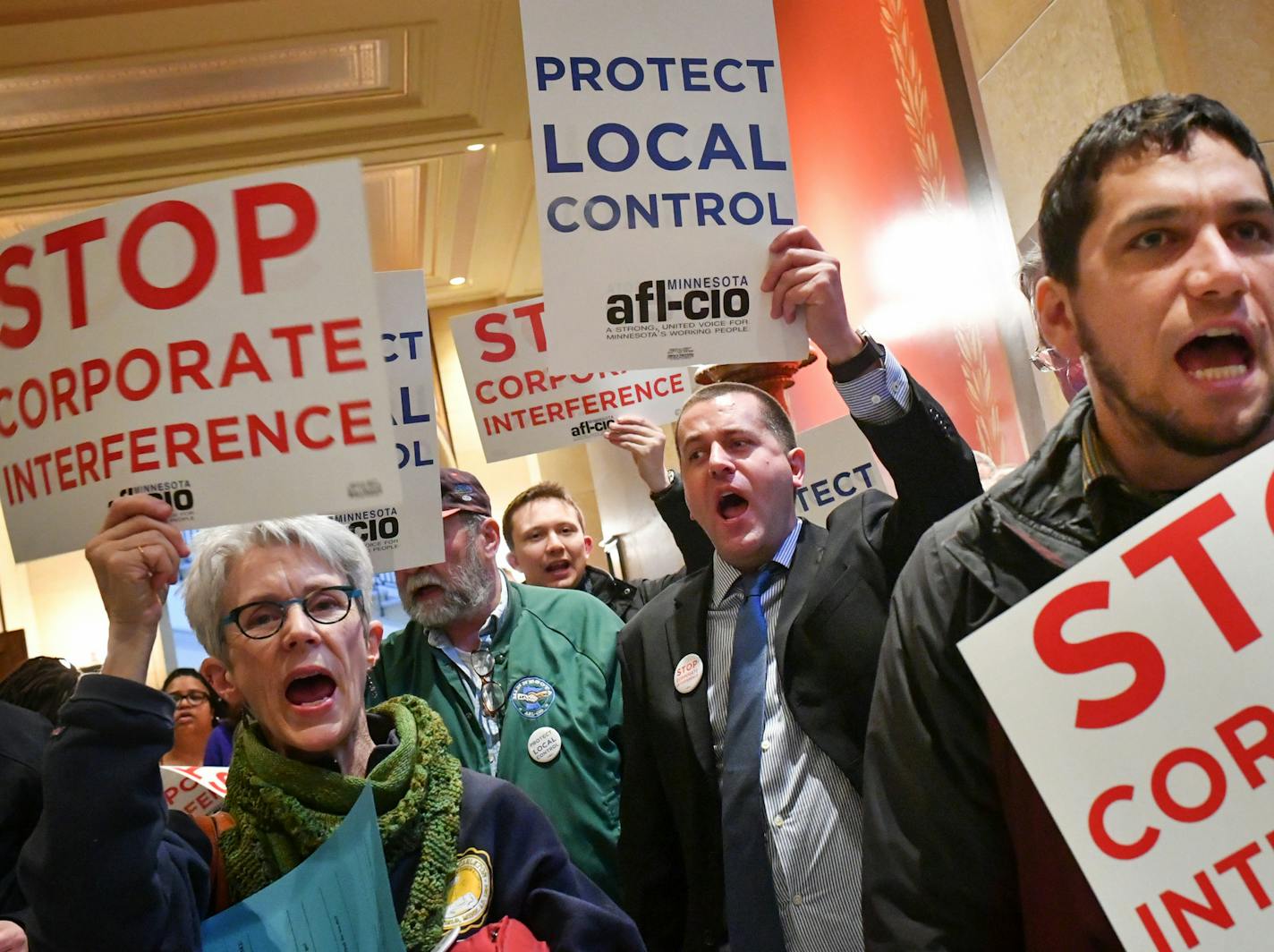 Protesters cheered and chanted outside the House Chamber as Representatives entered to vote on a bill that would block cities from passing wage or sick leave ordinances. ] GLEN STUBBE &#xef; glen.stubbe@startribune.com Thursday, March 2, 2017 A bill that would block cities from passing minimum wage or sick leave ordinances --and override ordinances already passed in Mpls and St. Paul -- is going to the House floor for debate. Large number of opponents have turned out for this in the past, and ma