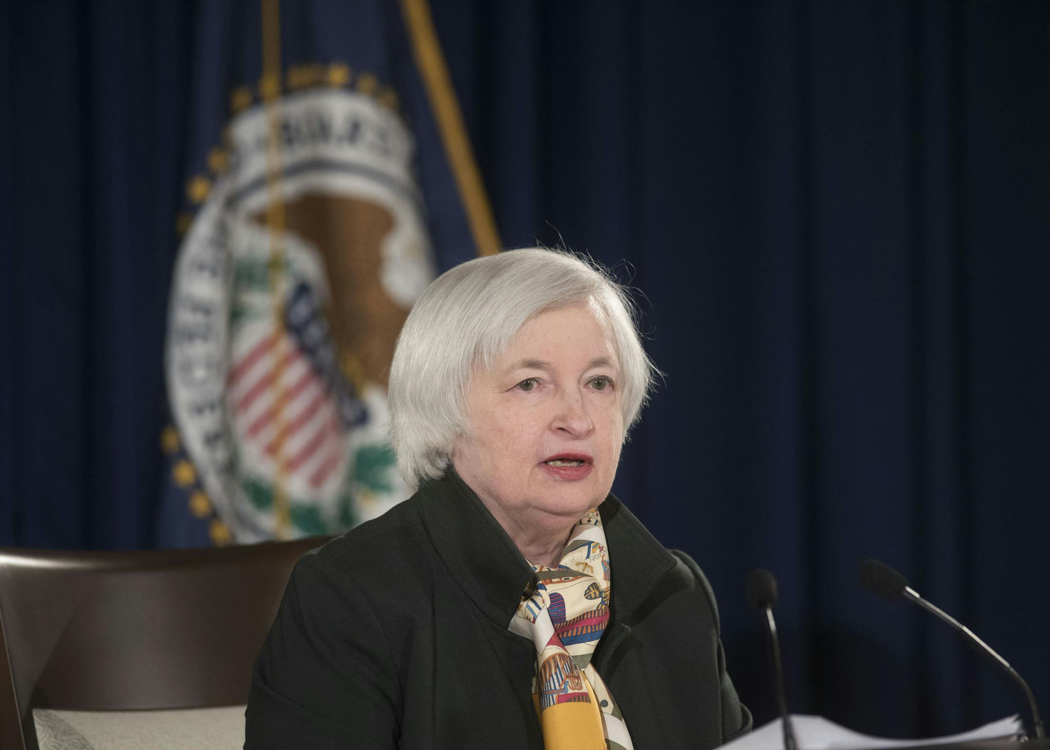 Federal Reserve Chair Janet Yellen speaks during a news conference at the end of the Federal Open Market Committee meeting, Wednesday, March 18, 2015, in Washington. The Federal Reserve signaled Wednesday that it needs to see further improvement in the job market and higher inflation before it raises interest rates from record lows. (AP Photo/Kevin Wolf)