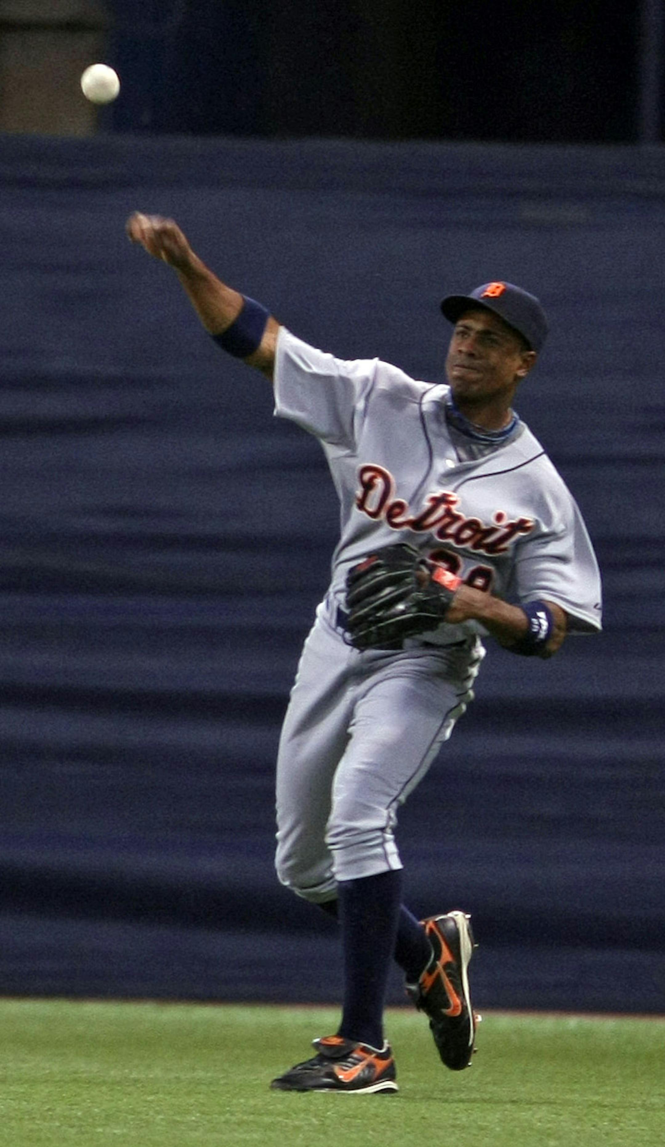 Minnesota Twins vs Detroit Tigers. (left to right) Detroit center fielder Curtis Granderson made a throw infield after catching the ball. FOR SUNDAY STORY.....