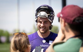 Tight end Gavin Bartholomew speaks with reporters after Vikings rookie minicamp Friday at TCO Performance Center.
