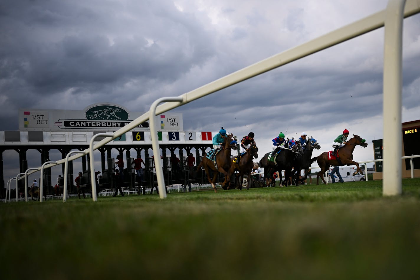 Horses and their jockeys compete in a turf race Wednesday, Aug. 16, 2023 at Canterbury Park in Shakopee, Minn. ] AARON LAVINSKY • aaron.lavinsky@startribune.com