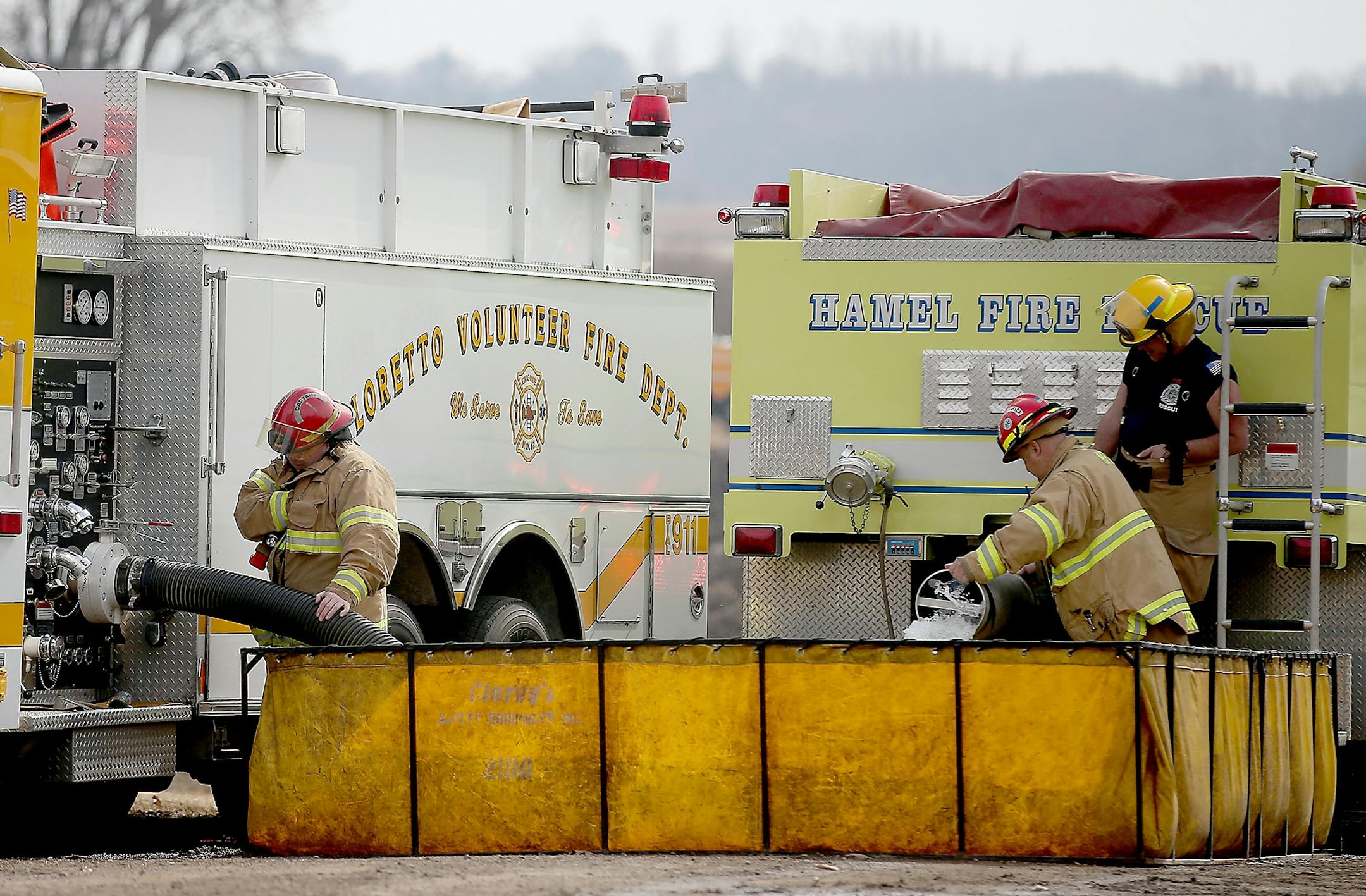 Firefighters from Maple Grove, Corcoran, Hamel, Loretto, and Plymouth, contained a structural fire located in rural Corcoran, MN, Thursday, March 12, 2015.