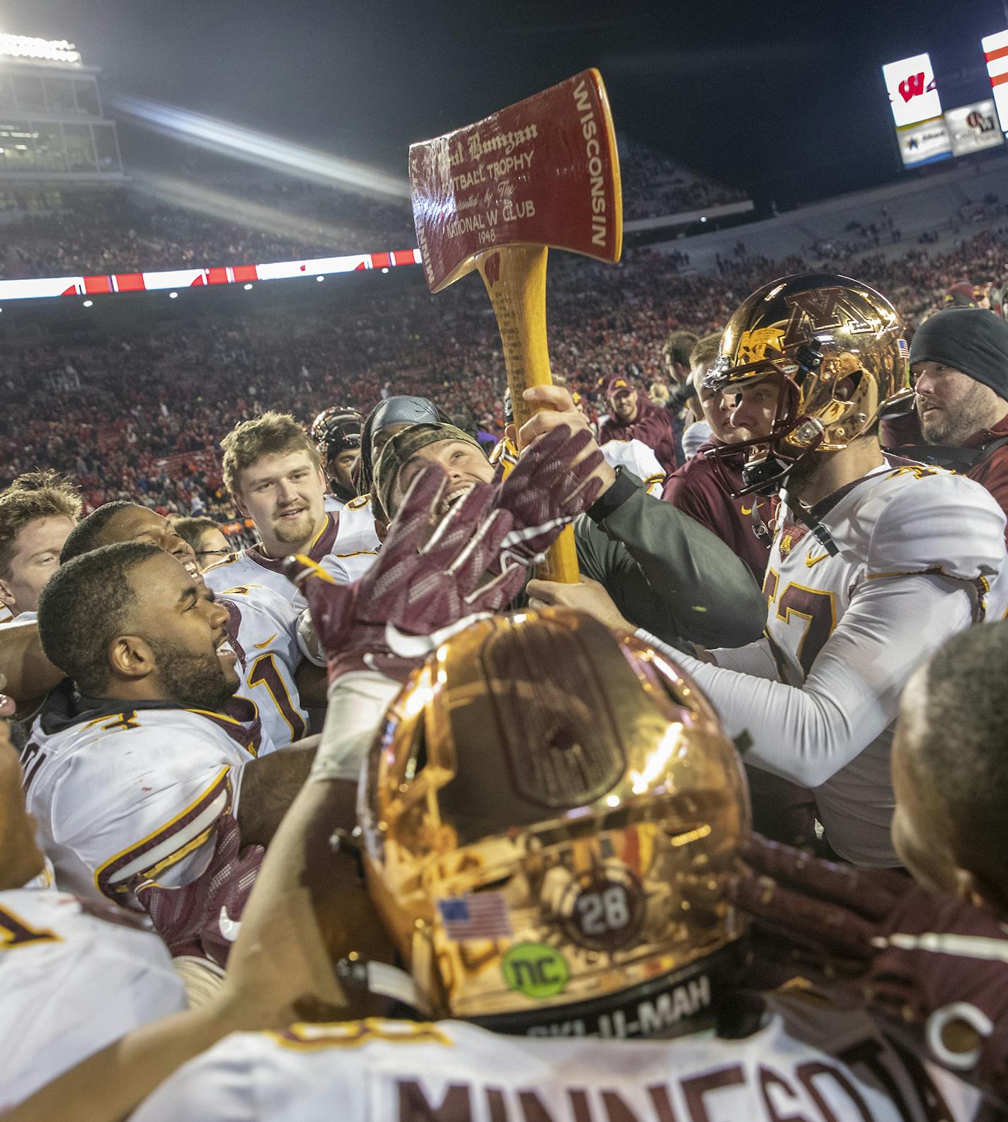 After 15 years Minnesota took back the Paul Bunyan Axe after they defeated Wisconsin 37-15 at Camp Randall Stadium, Saturday, November 24, 2018 in Madison, Wis. It's the 128th meeting between the two teams. ] ELIZABETH FLORES &#x2022; liz.flores@startribune.com