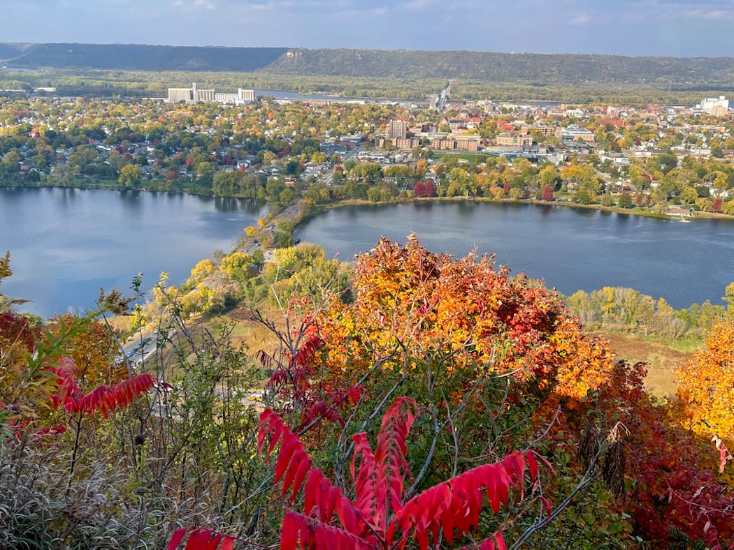 Winona, Minn., is sometimes known as the Island City, wedged between Lake Winona (foreground) and the Mississippi River.