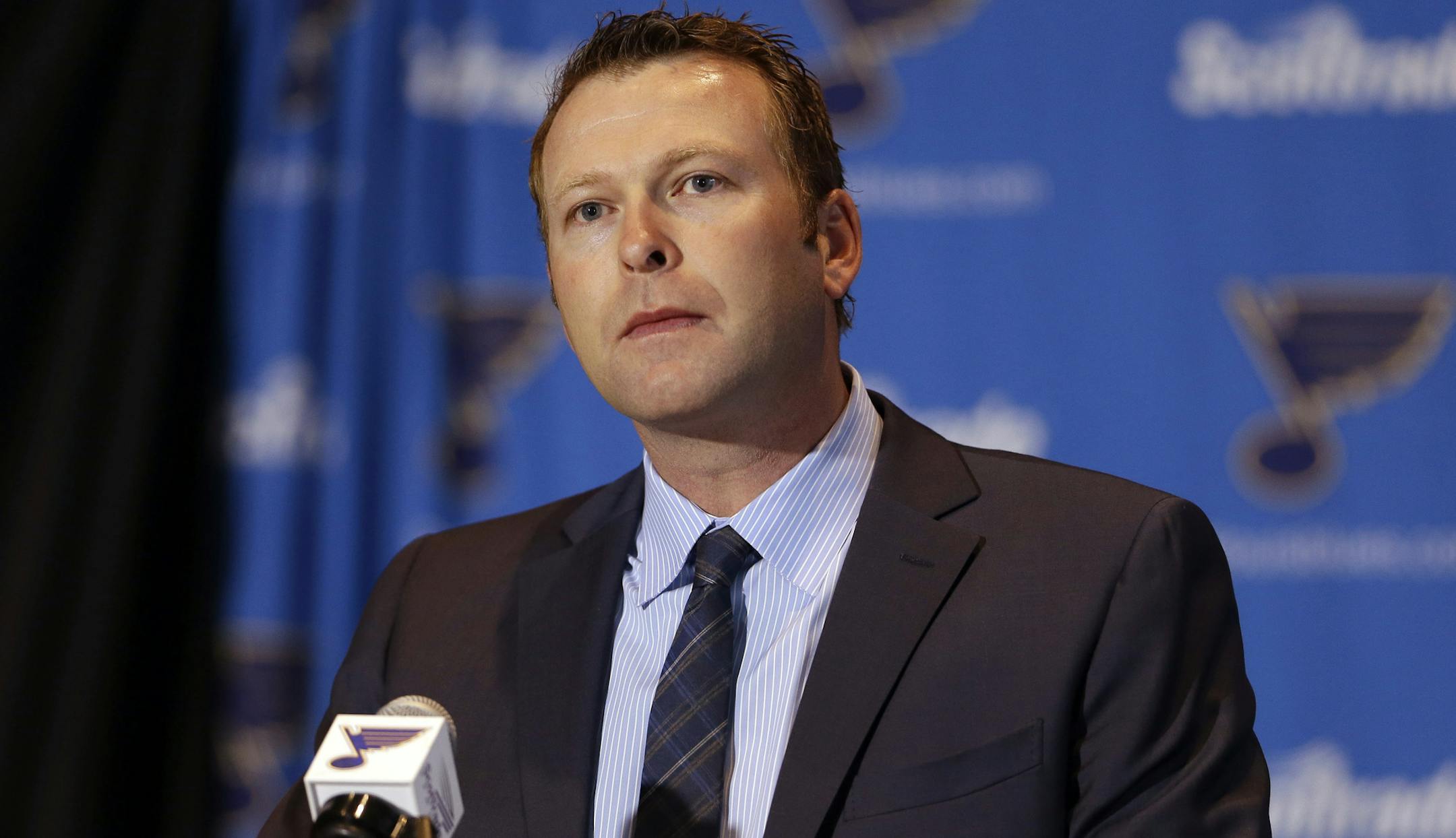 St. Louis Blues' Martin Brodeur announces his retirement from NHL hockey during a news conference, Thursday, Jan. 29, 2015, in St. Louis. Brodeur finished his career with St. Louis after 21 seasons as goaltender with New Jersey. He will remain with the Blues as a senior adviser to general manager Doug Armstrong. (AP Photo/Jeff Roberson) ORG XMIT: MOJR207