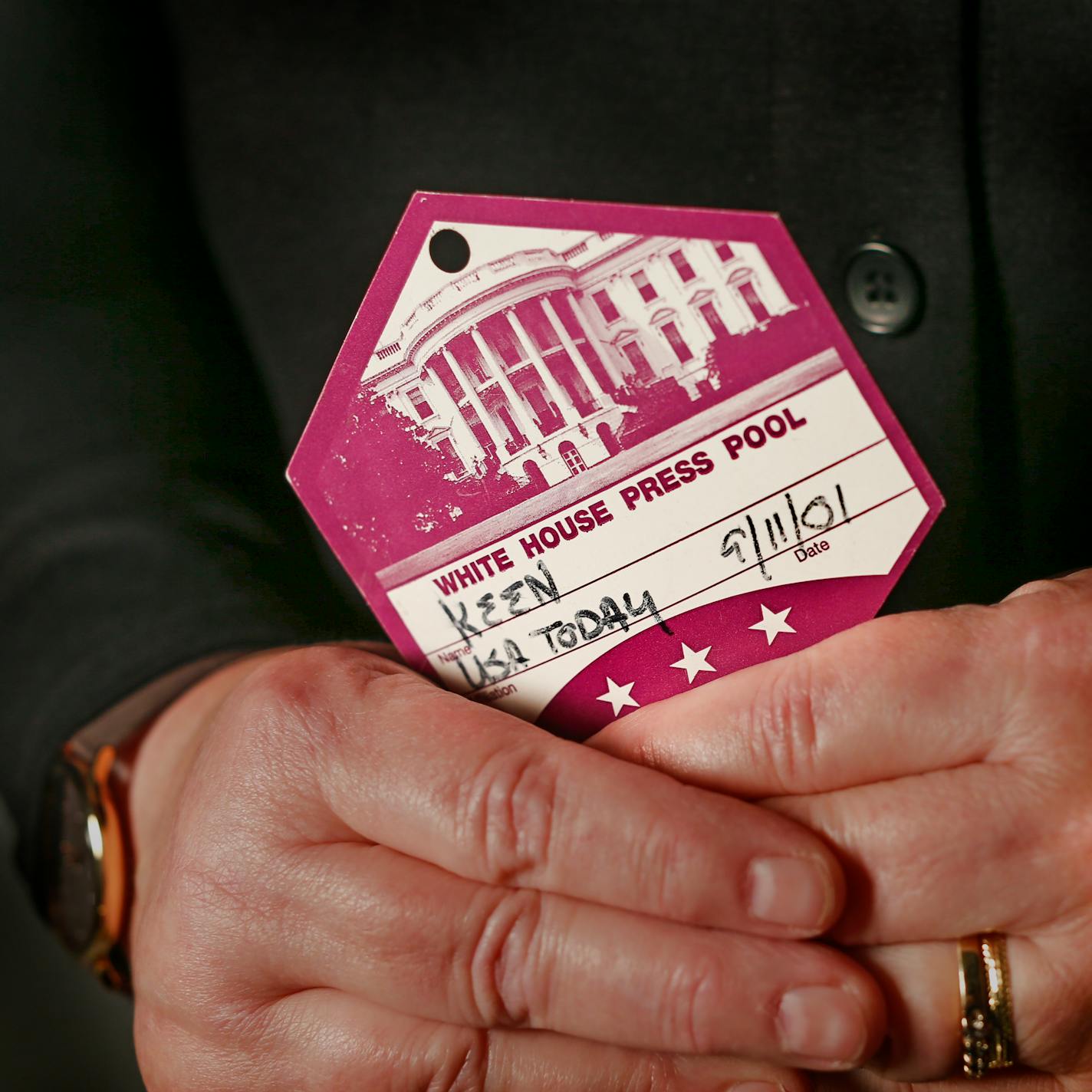 The press pass that Judy Keen wore as she traveled with President George W. Bush aboard Air Force One after the Sept. 11, 2001, terrorist attacks. She was among the small group of journalists who remain close to presidents whenever they're in public.