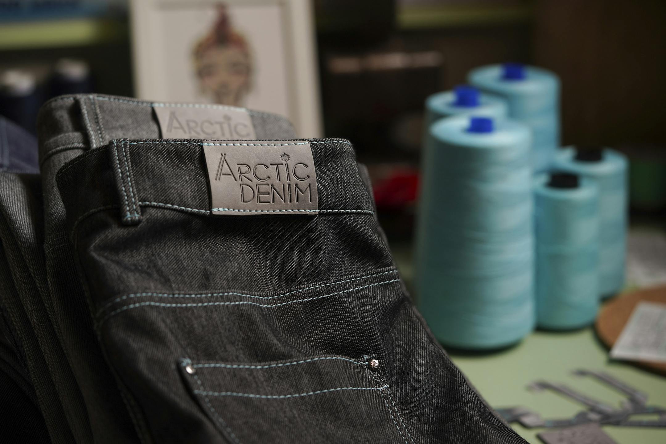 Detail of the blue stitching and rivets used on Salvia Lani's Arctic Denim jeans. ] JEFF WHEELER • Jeff.Wheeler@startribune.com When Salvia Lani moved to Minnesota from Hawaii she knew she had to do something to help her cope with the cold. Her line of waterproof, insulated jeans, Arctic Denim, is the result. He designed the jeans in cuts for men and women and are sewn locally. Salvia Lani was photographed Monday night, February 17, 2020 at her home in St. Paul.