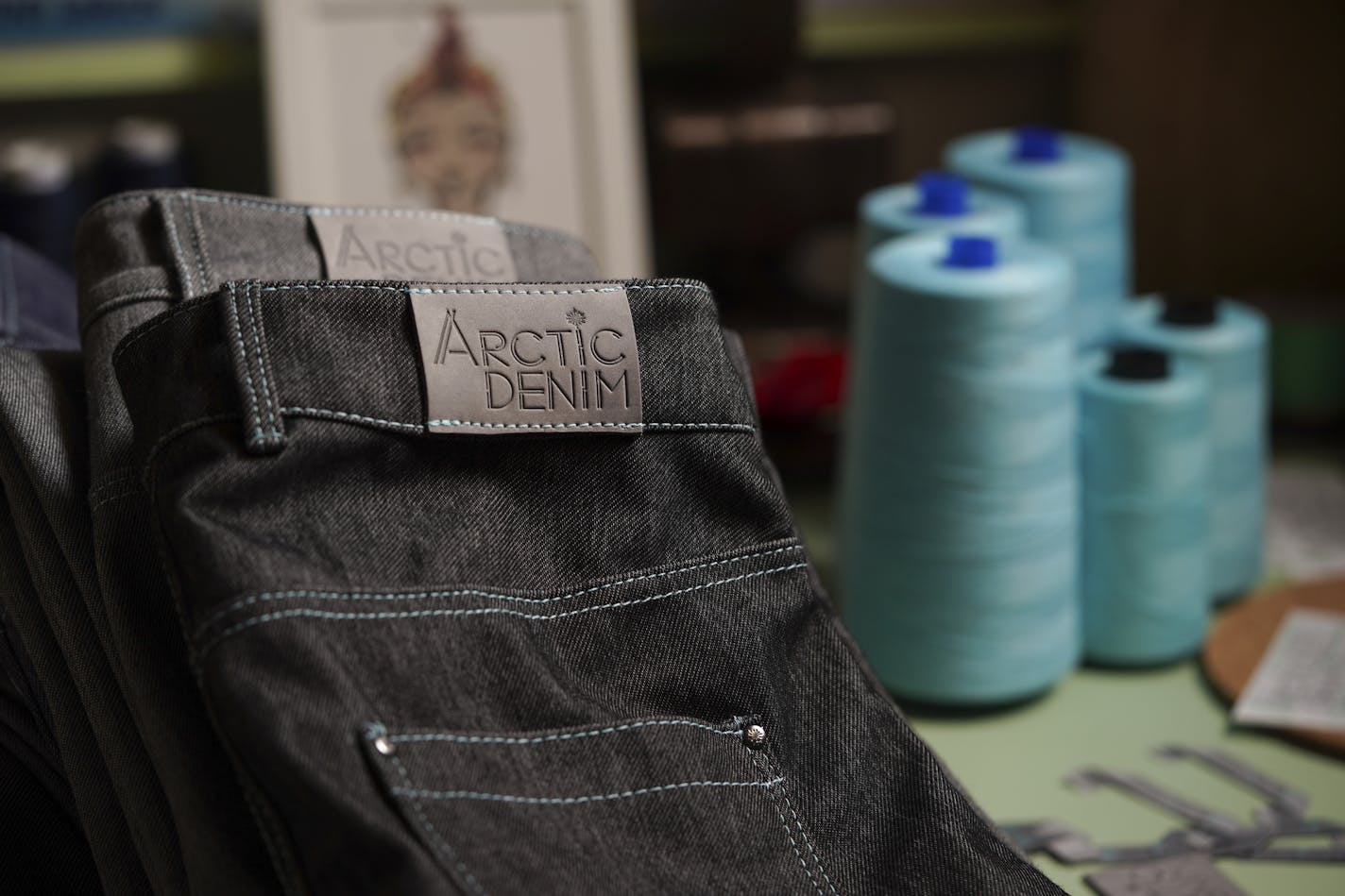 Detail of the blue stitching and rivets used on Salvia Lani's Arctic Denim jeans. ] JEFF WHEELER &#x2022; Jeff.Wheeler@startribune.com When Salvia Lani moved to Minnesota from Hawaii she knew she had to do something to help her cope with the cold. Her line of waterproof, insulated jeans, Arctic Denim, is the result. He designed the jeans in cuts for men and women and are sewn locally. Salvia Lani was photographed Monday night, February 17, 2020 at her home in St. Paul.