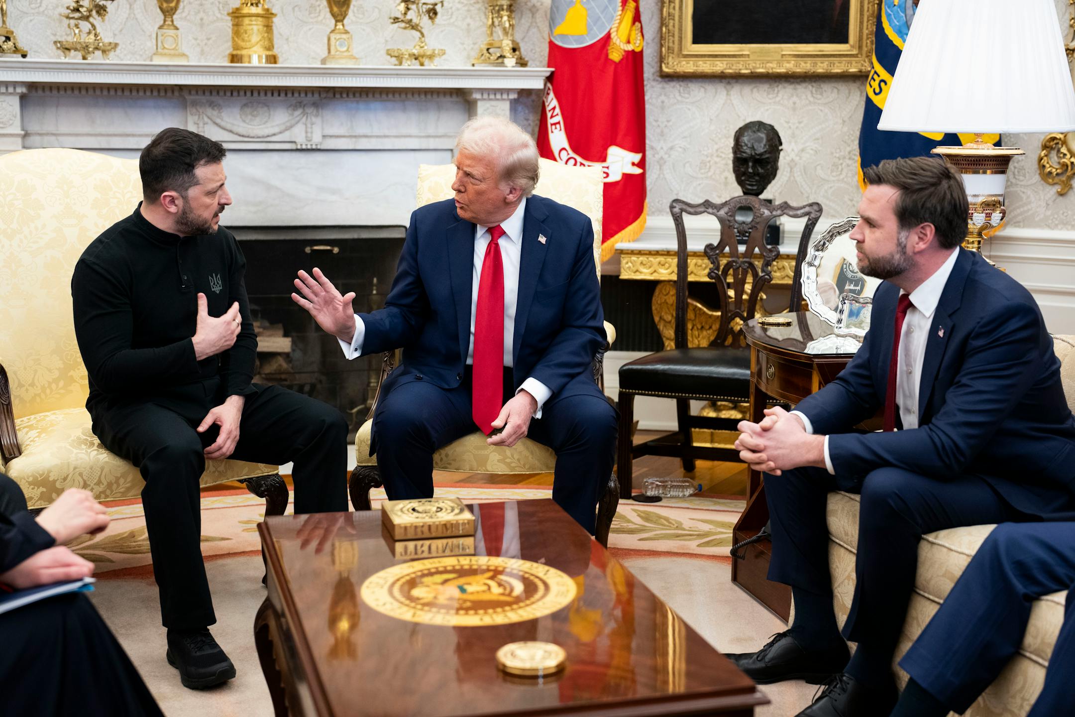 President Donald Trump, center, and Vice President JD Vance during a contentious meeting with Ukrainian President Volodymyr Zelenskyy, left, on Feb. 28 in the Oval Office in Washington, D.C.