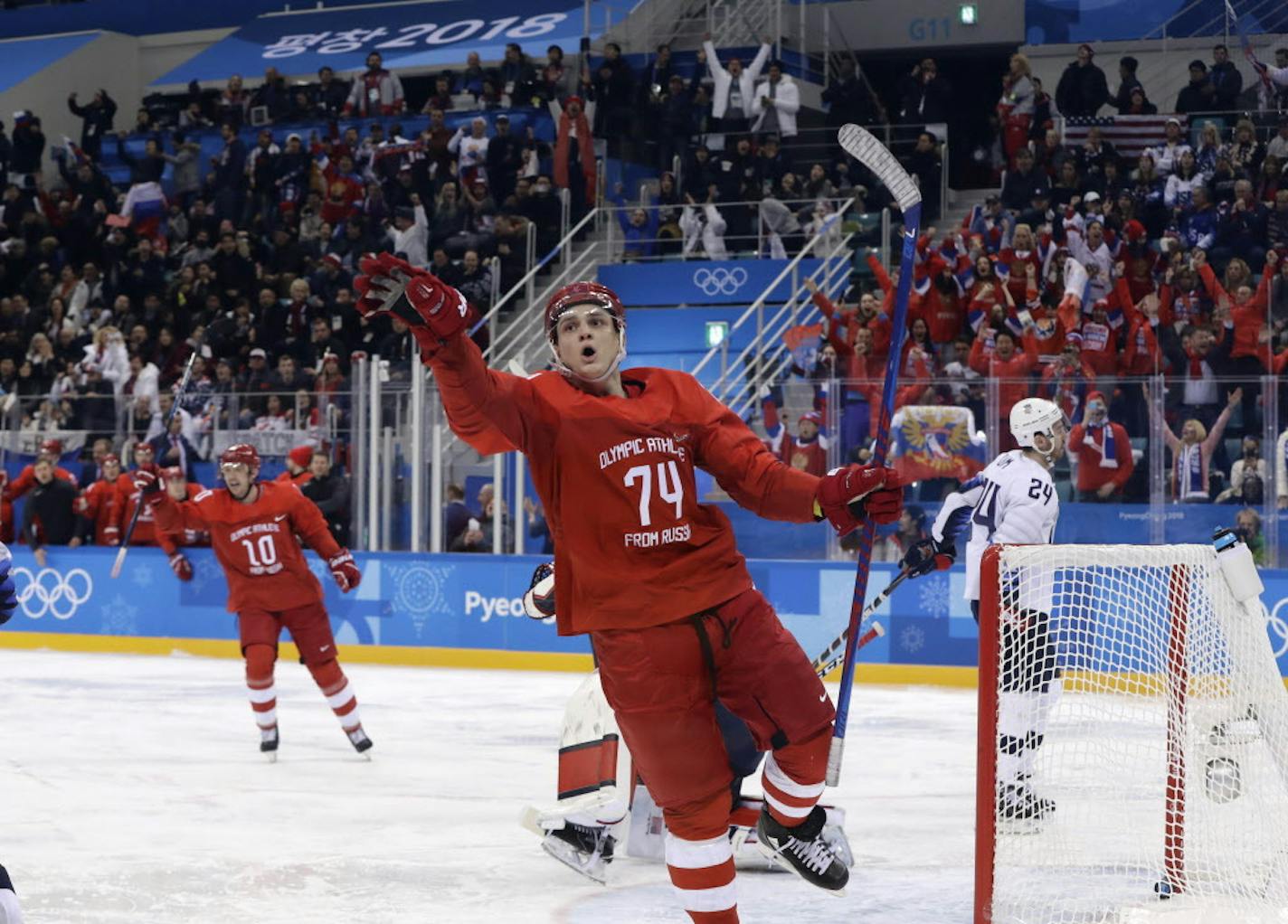 Russian athlete Nikolai Prokhorkin (74) celebrates after scoring a goal against the United States during the second period of the preliminary round of the men's hockey game at the 2018 Winter Olympics in Gangneung, South Korea, Saturday, Feb. 17, 2018. (AP Photo/Matt Slocum)