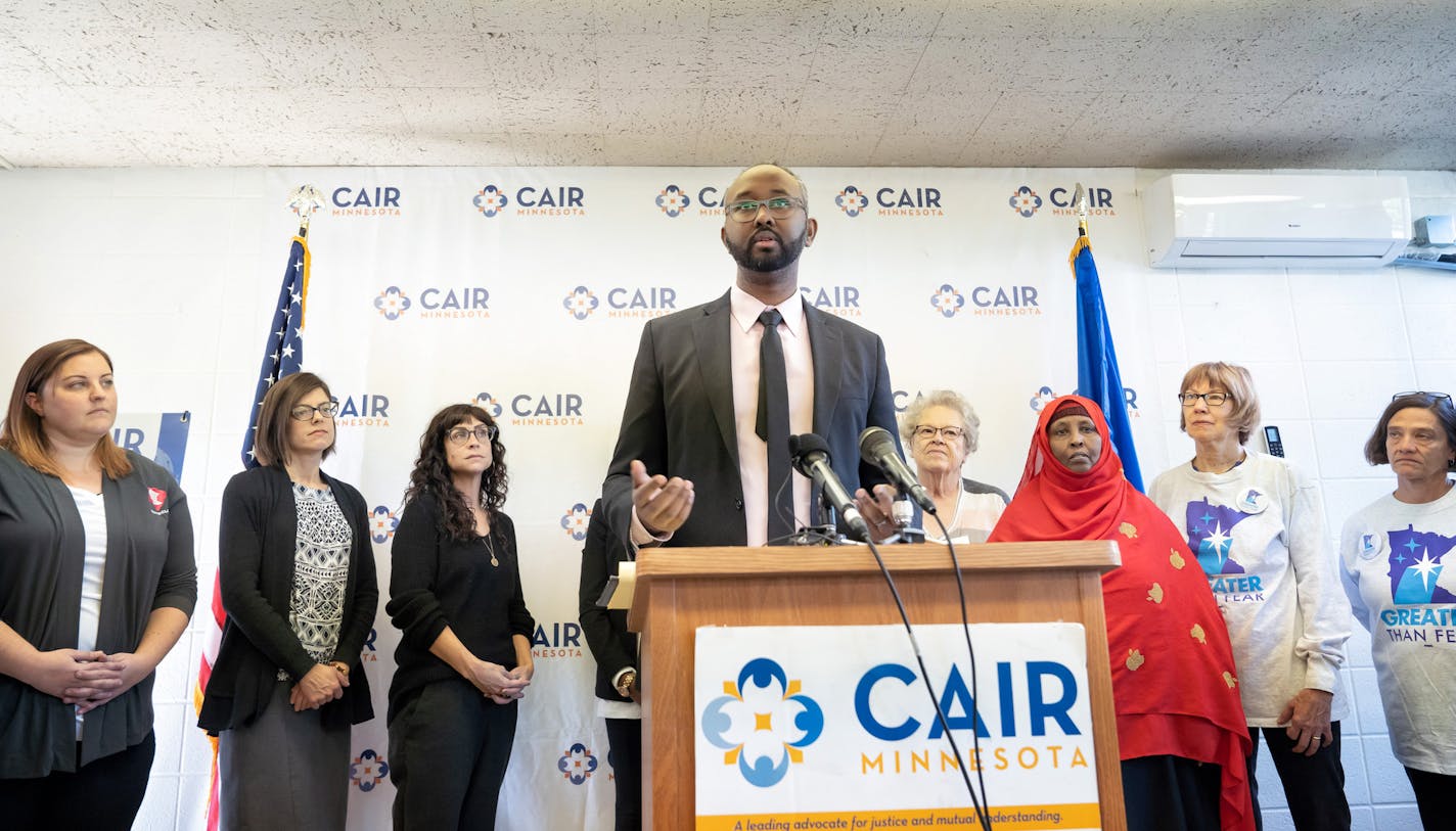 Surrounded by supporters, Jaylani Hussein, Executive Director, CAIR-MN announced a Minnesota-based report which he said detailed an anti-Muslim propaganda network. ] GLEN STUBBE &#xef; glen.stubbe@startribune.com Tuesday, October 16, 2018 A Minnesota-based report details anti-Muslim propaganda network of compiled of media outlets, organizations, politicians, and corporate executives.