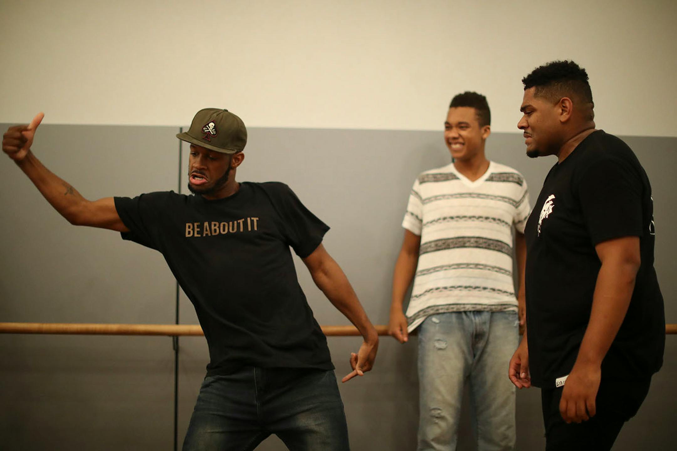 Herbert "Jus Herb" Johnson, left, showed Robert "Mosi" King some Krump moves during the jam session.