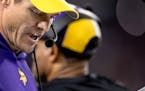 Minnesota Vikings head coach Kevin O'Connell in the third quarter Monday, October 23, 2023, at U.S. Bank Stadium in Minneapolis, Minn. ] CARLOS GONZAL