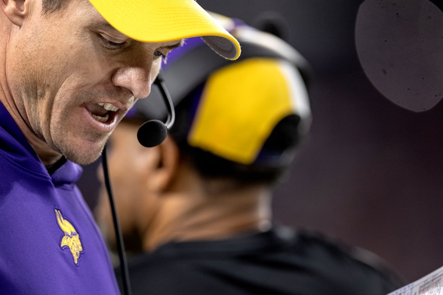 Minnesota Vikings head coach Kevin O'Connell in the third quarter Monday, October 23, 2023, at U.S. Bank Stadium in Minneapolis, Minn. ] CARLOS GONZALEZ • carlos.gonzalez@startribune.com