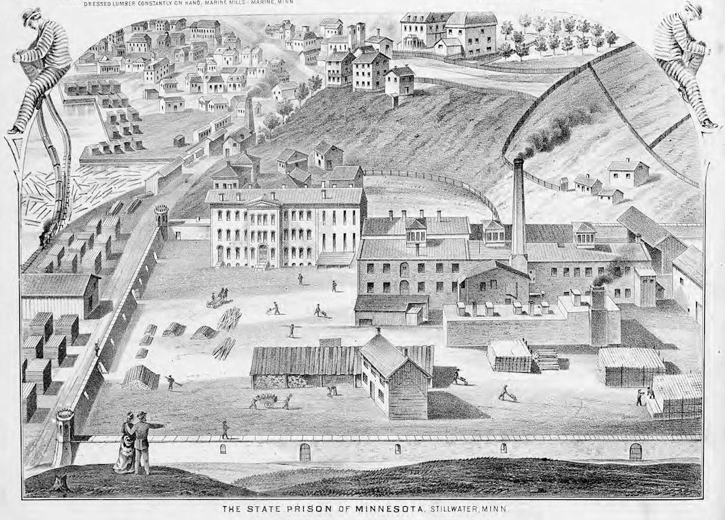 A print showing the Minnesota State Prison at Stillwater in 1874, published in 'An Illustrated Historical Atlas of the State of Minnesota.'
