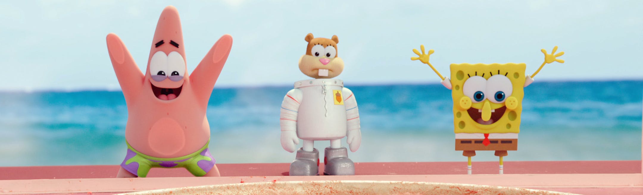 Left to right: Patrick Star, Sandy Cheeks, and SpongeBob SquarePants in THE SPONGEBOB MOVIE: SPONGE OUT OF WATER, from Paramount Pictures and Nickelodeon Movies. SB2-FF-069