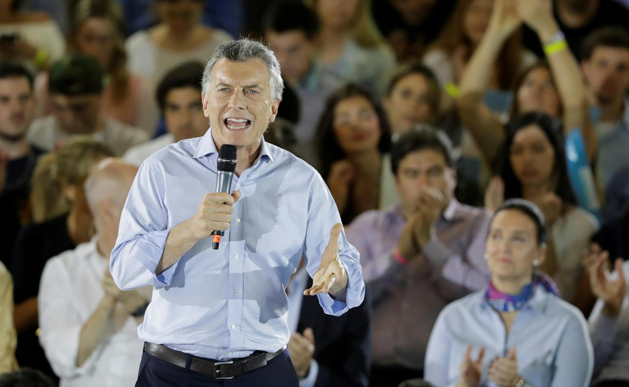 Argentina's President Mauricio Macri speaks during a closing campaign rally for congressional candidates of the Cambiemos ruling party, in Buenos Aires, Argentina, Tuesday, Oct. 17, 2017. Argentines go to the polls Sunday to cast their votes in the congressional midterm elections. (AP Photo/Natacha Pisarenko) ORG XMIT: XNP106