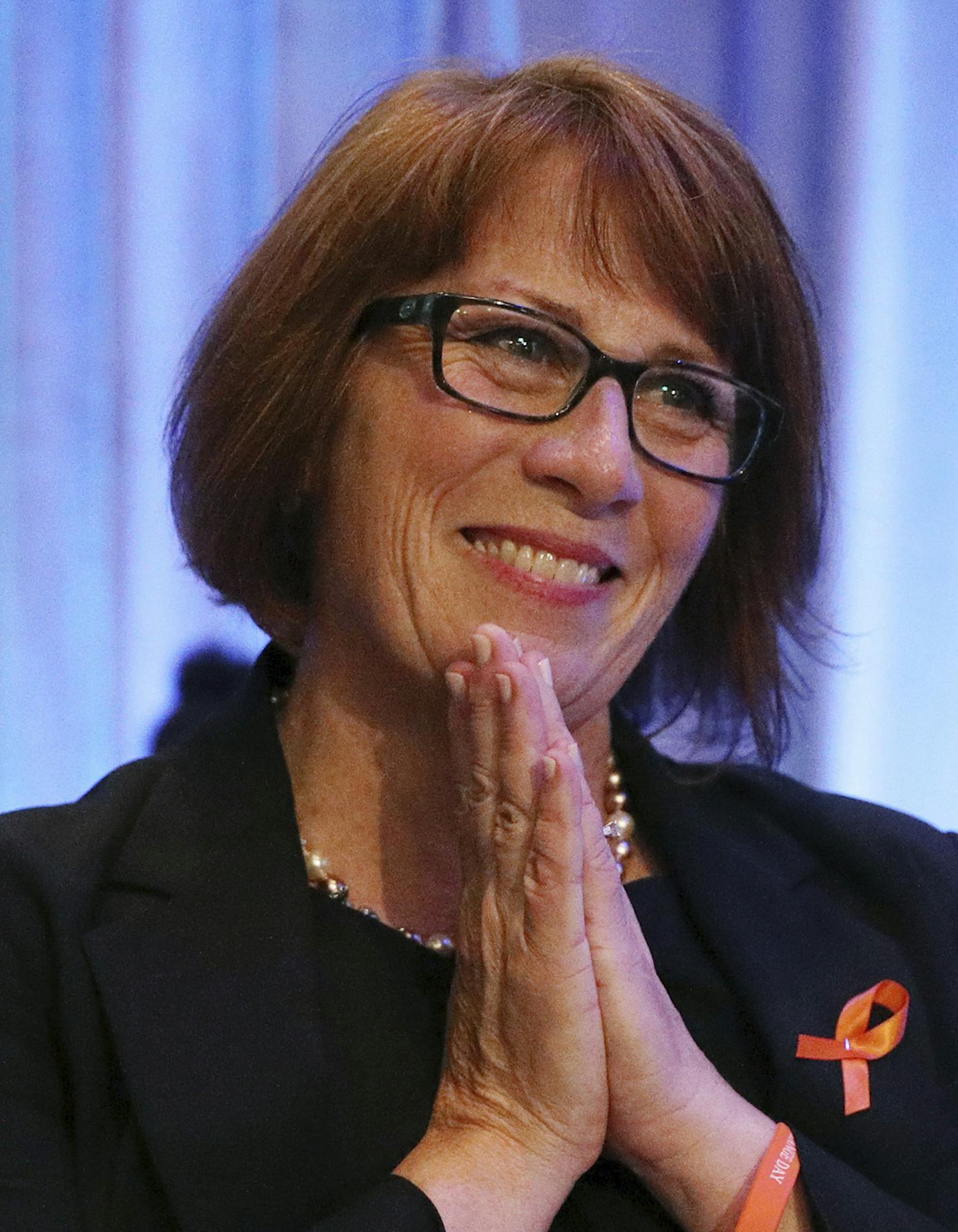 Gubernatorial candidate Erin Murphy smiles off stage after it was announced that the other candidates were dropping out of the endorsement process during the DFL State Convention, Saturday, June 2, 2018 in Rochester, Minn. Democrats kicked off their statewide endorsing convention Friday in Rochester as Republicans gathered in Duluth. Both parties are considering candidates running for U.S. Senate, Attorney General and other statewide offices, but the main focus is on the race to replace outgoing