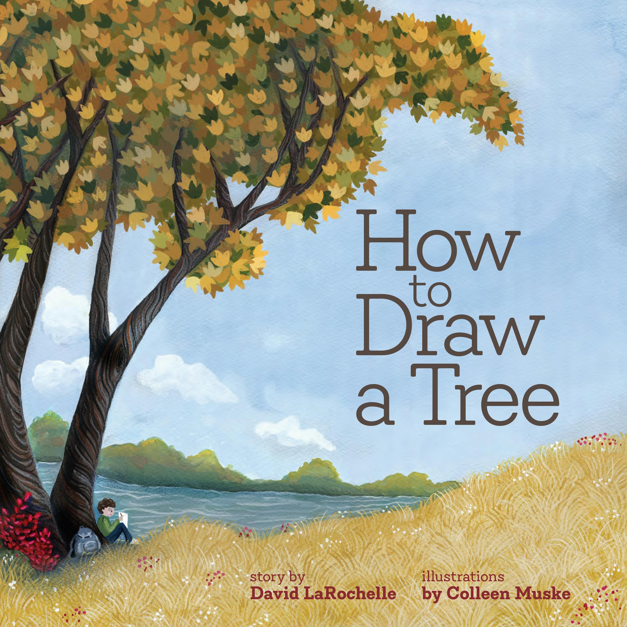 Cover of "How to Draw a Tree" features a child drawing in the shade of an enormous tree.