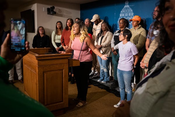 Toshira Garraway of Families Supporting Families Against Police Violence spoke at a news conference with a coalition of educators, parents, and advoca